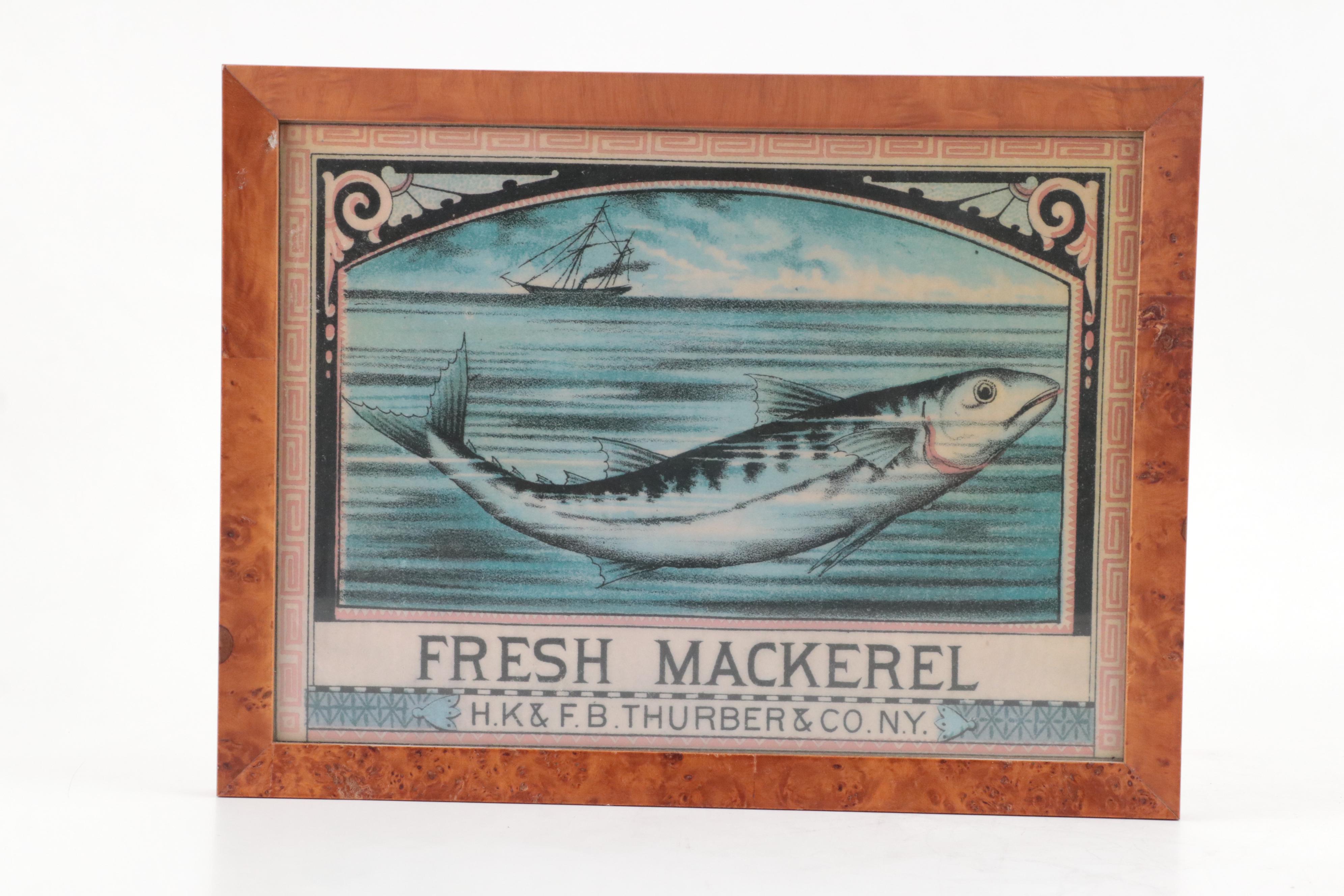 Chromolithograph Advertising Prints in Burl Wood Frames and Throw Pillows