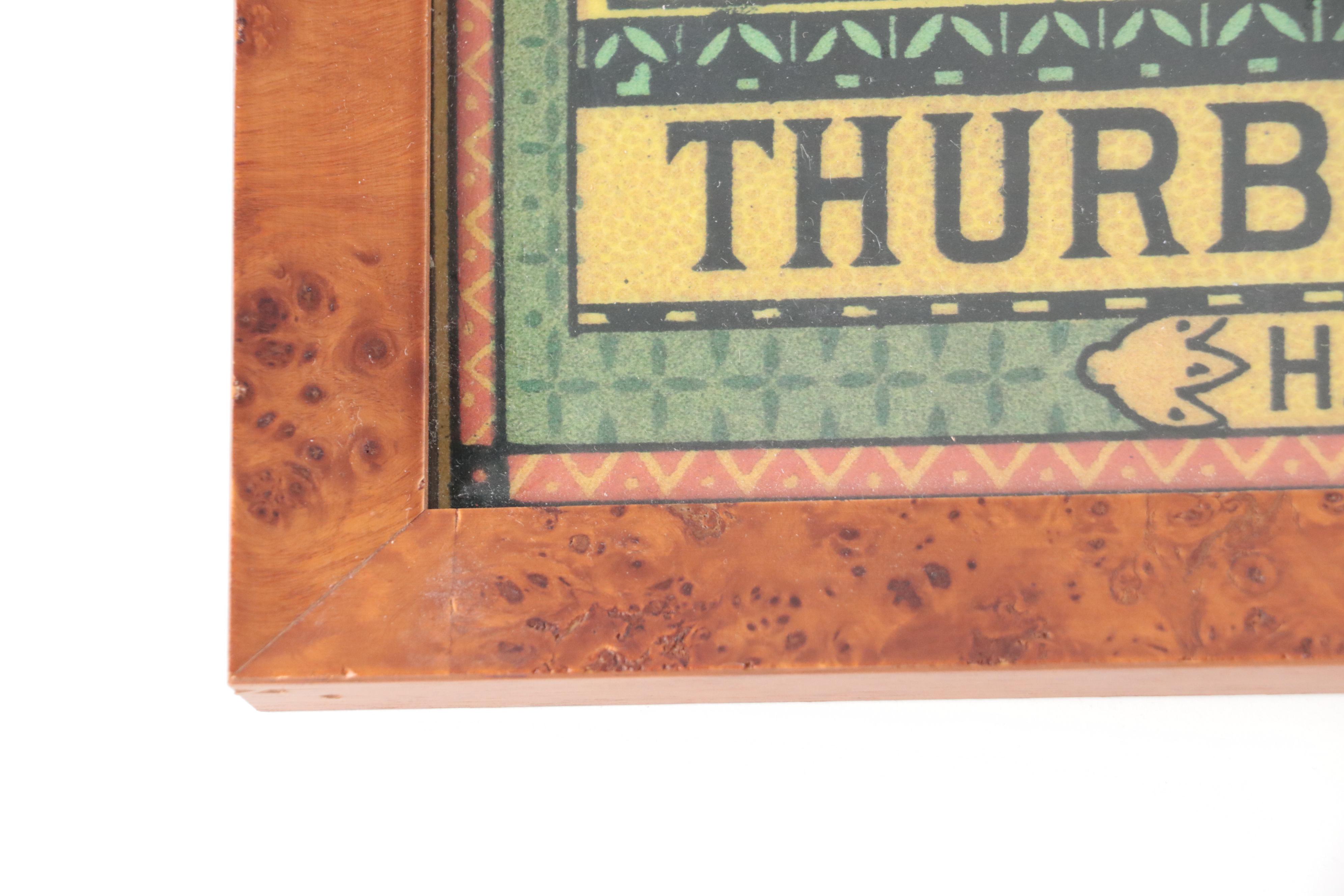 Chromolithograph Advertising Prints in Burl Wood Frames and Throw Pillows