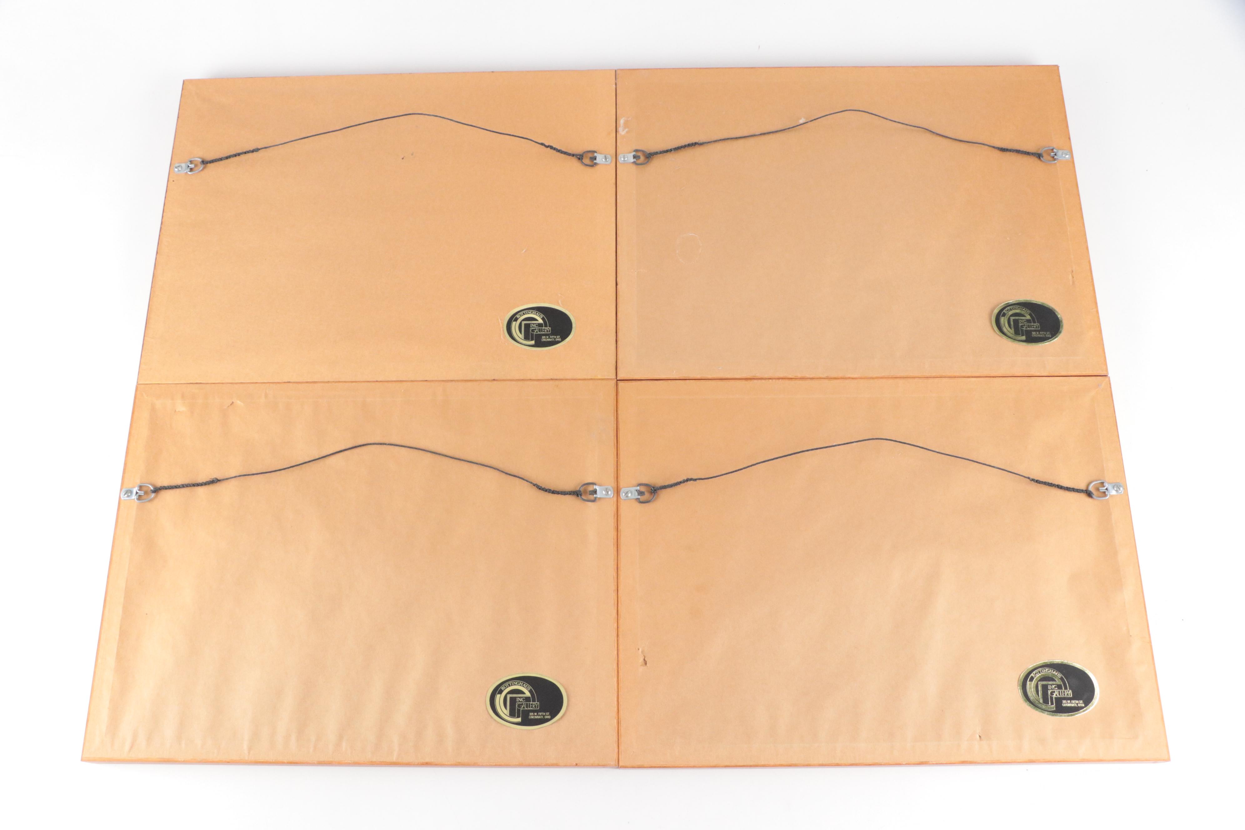 Chromolithograph Advertising Prints in Burl Wood Frames and Throw Pillows