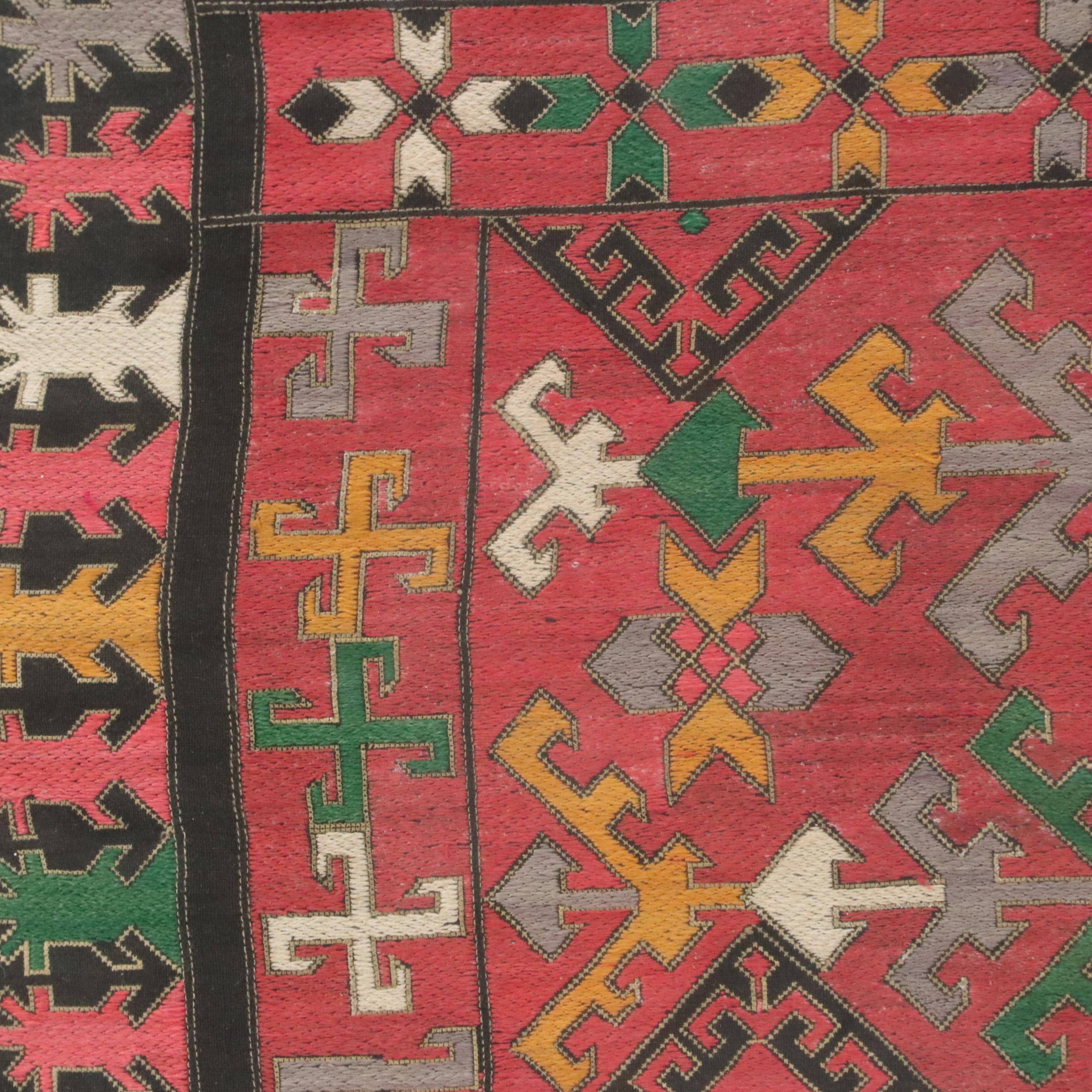 Folk Art Handwoven, Cross-Stitch and Satin Stitched Textile in Walnut Wall Frame