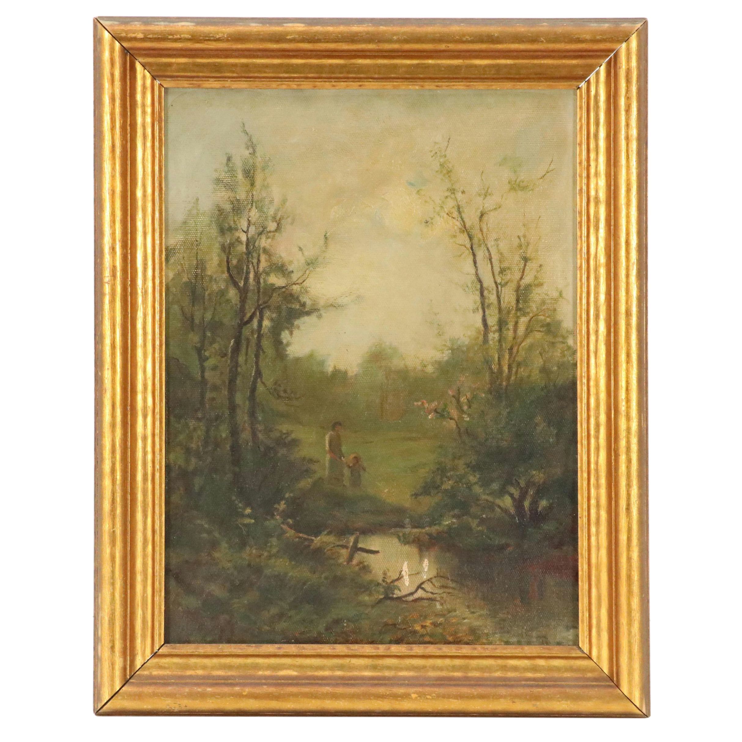 English Luminist School Oil Painting of Landscape With Figures