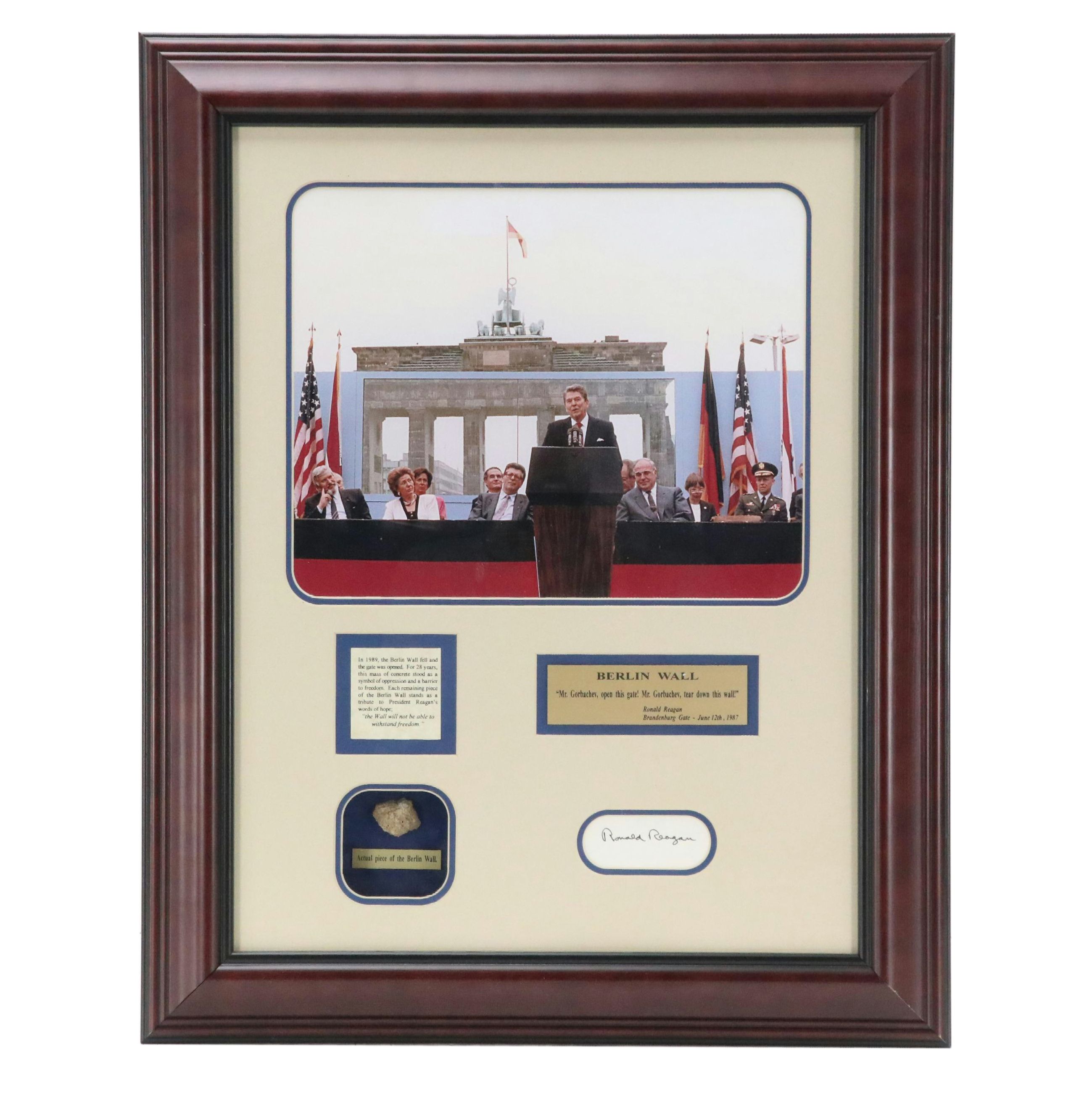 Commemorative Plaque of Ronald Reagan with Berlin Wall Fragment and Signature