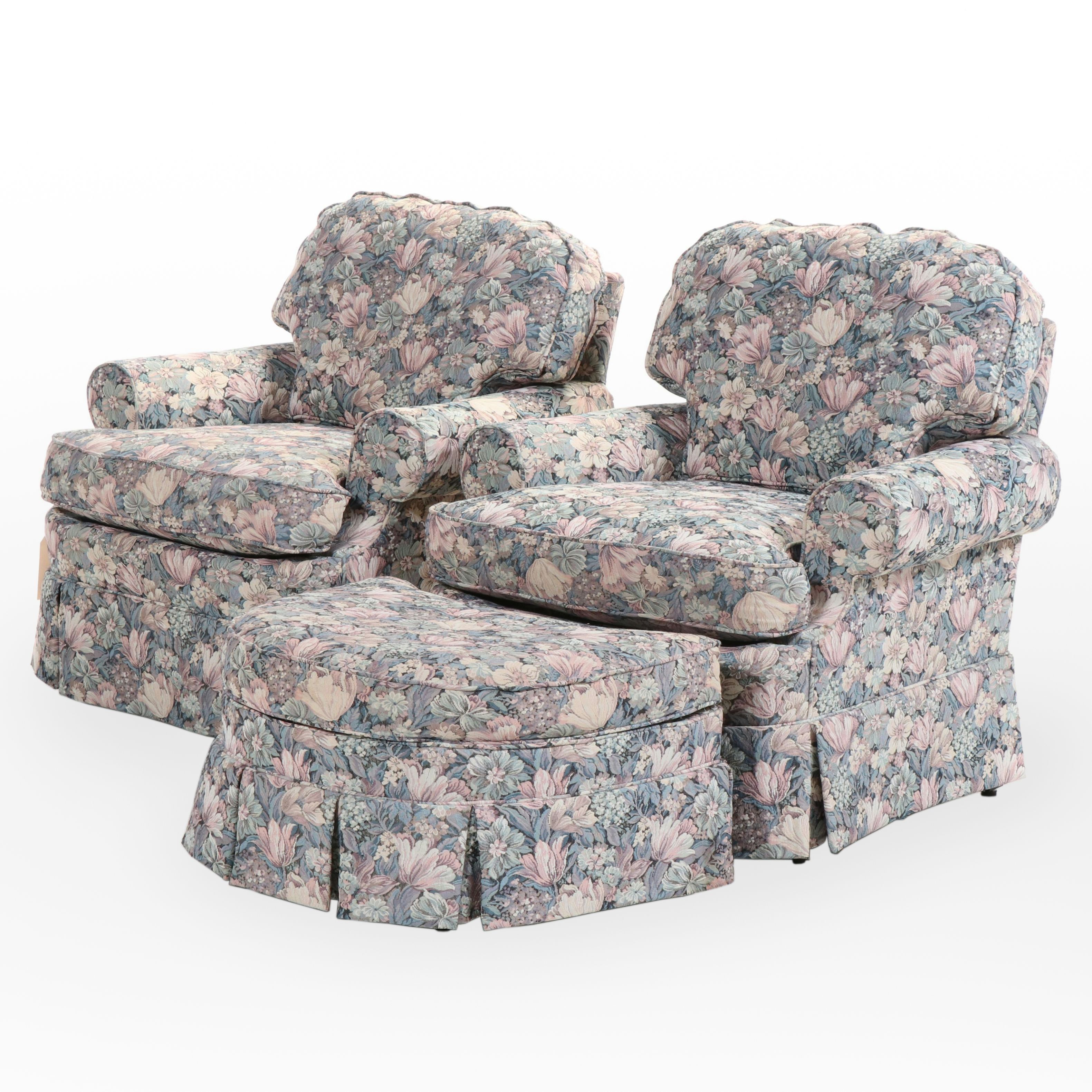 Pair of Taylorsville Upholstering Designs Floral Easy Armchairs with Ottoman