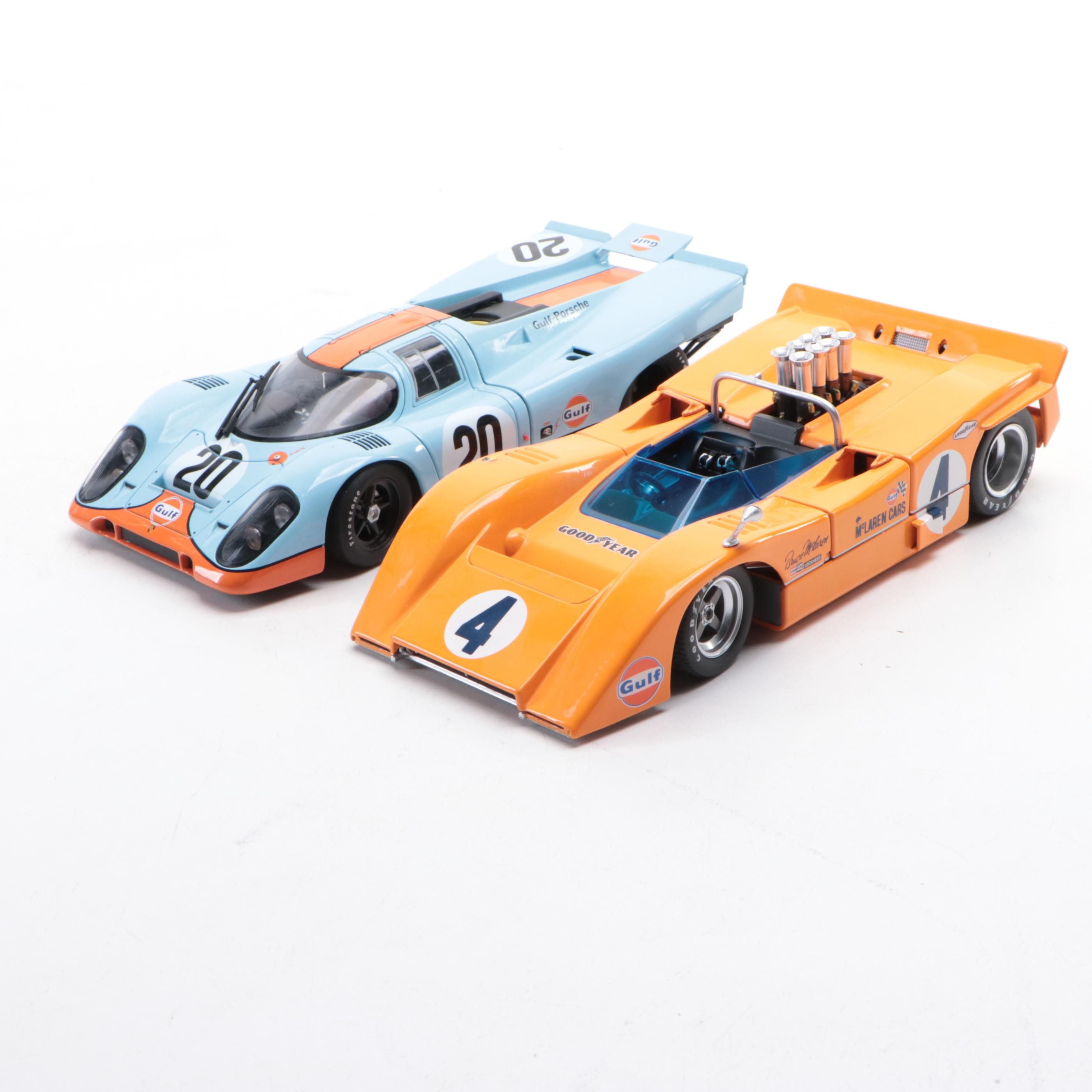 Porsche 917K and McLaren M8A Diecast 1:18 Models in Gulf Oil Livery