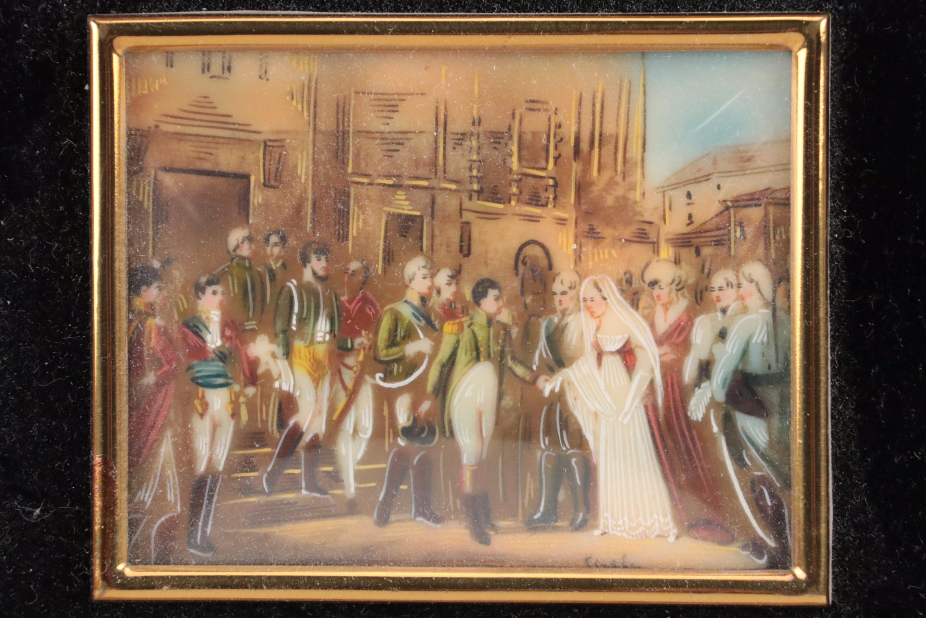 French Napoleonic Style Oil Paintings on Plastic in Gilt Plaster and Wood Frame