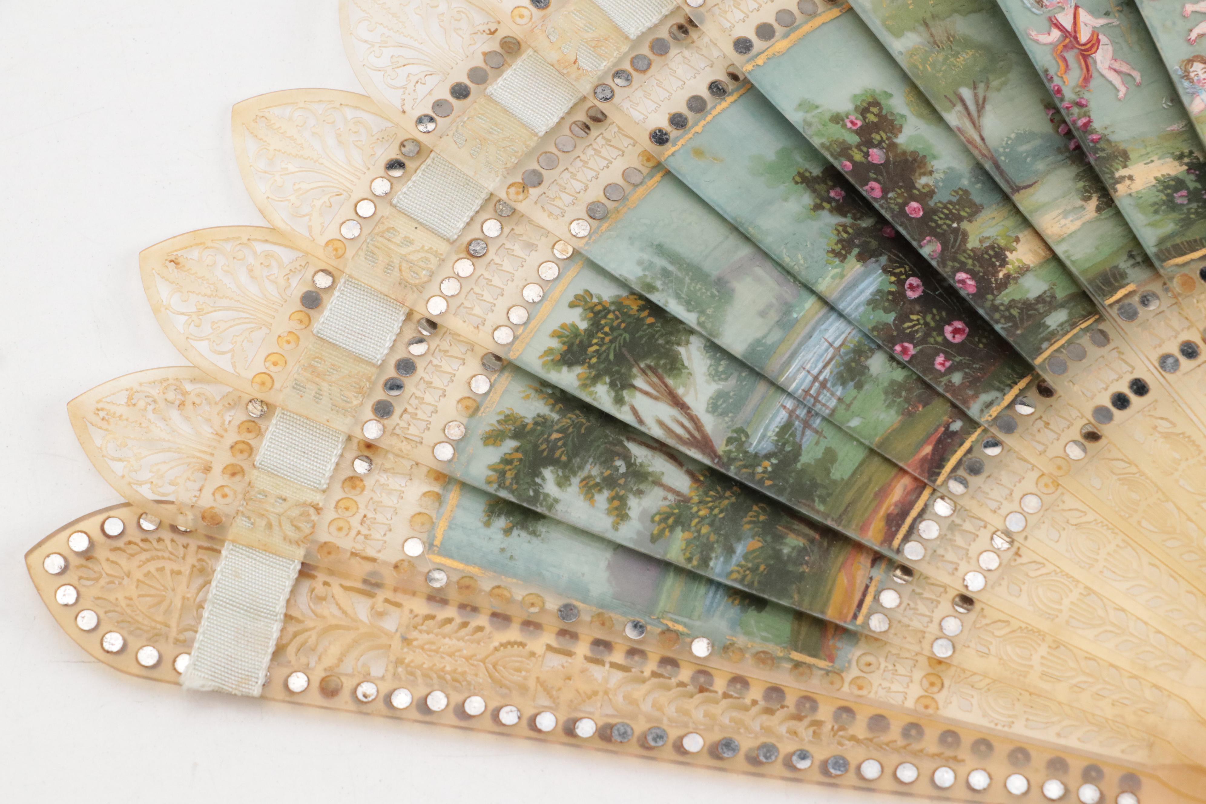 French Empire Style Hand-Painted Celluloid Fan with Pastoral Scenes