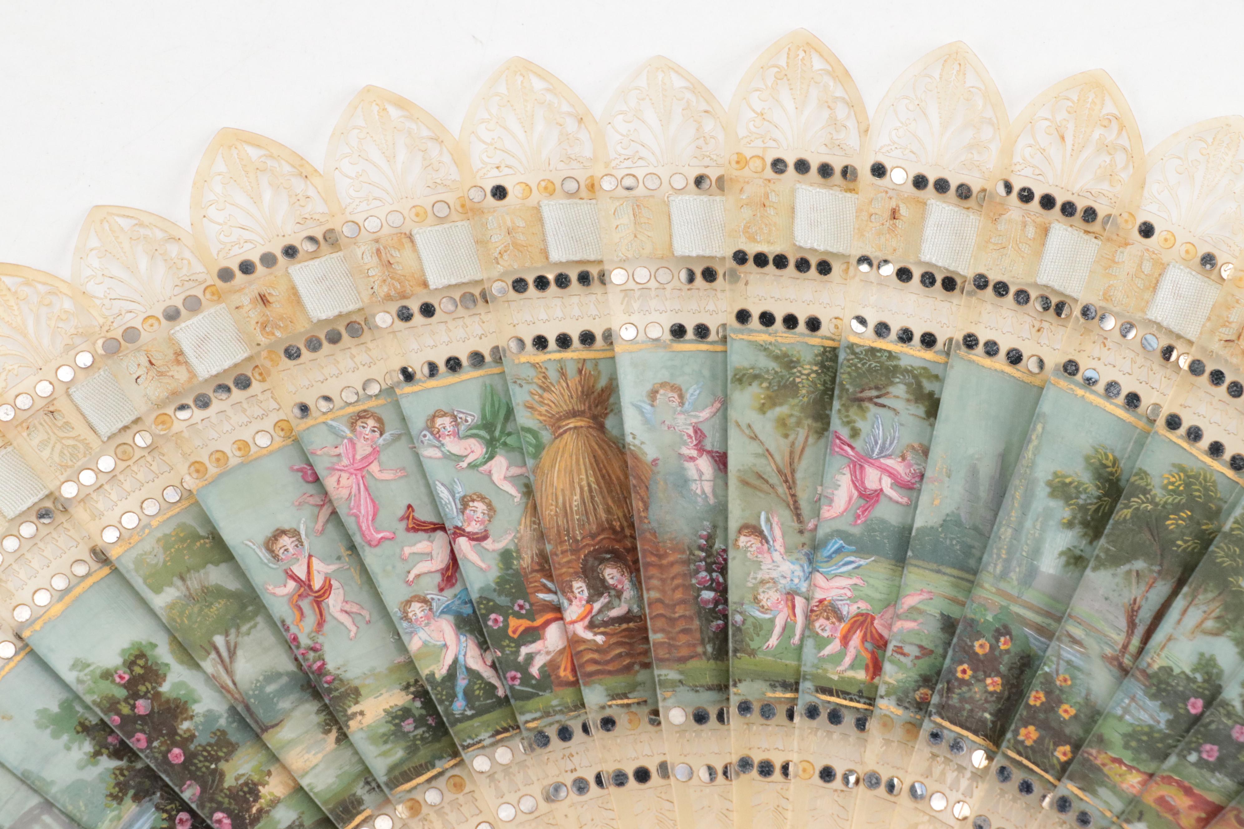 French Empire Style Hand-Painted Celluloid Fan with Pastoral Scenes