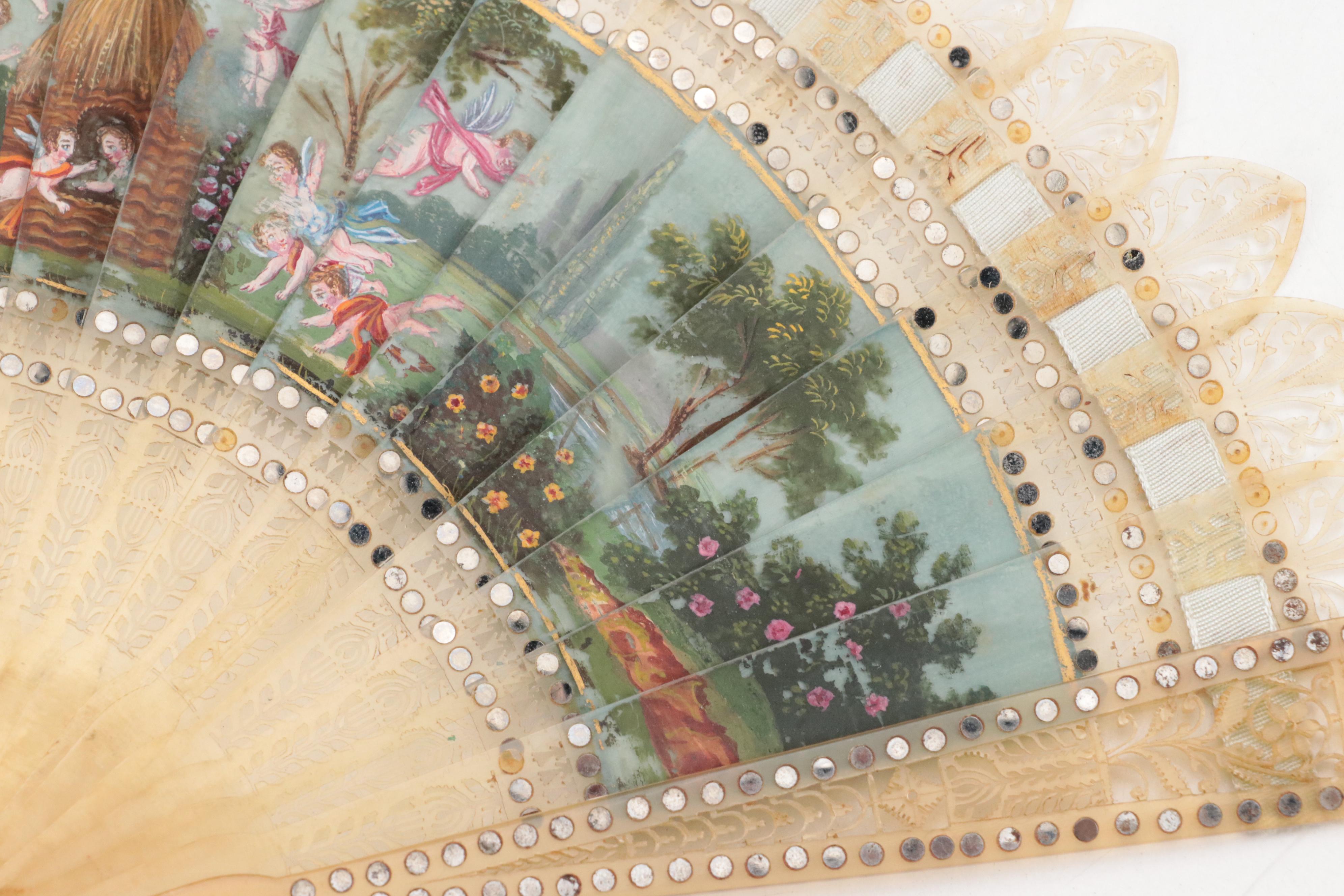 French Empire Style Hand-Painted Celluloid Fan with Pastoral Scenes