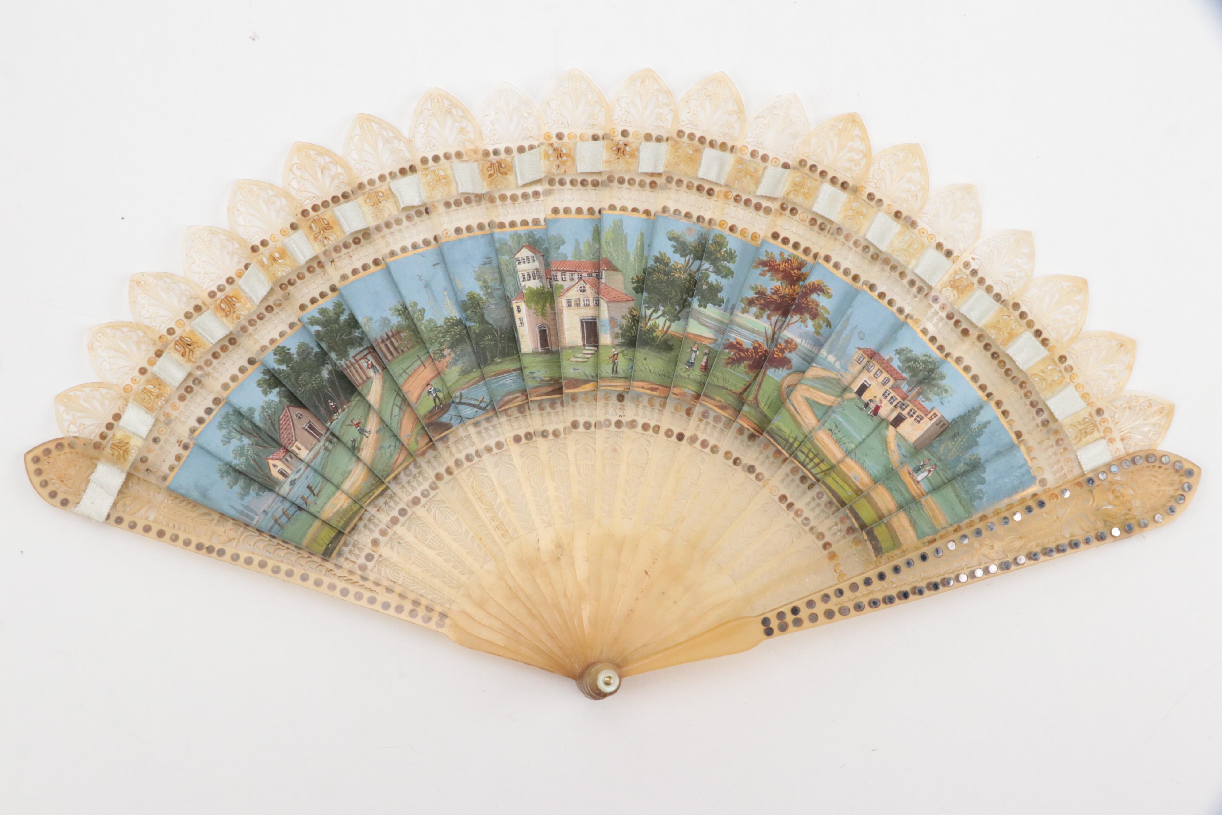 French Empire Style Hand-Painted Celluloid Fan with Pastoral Scenes