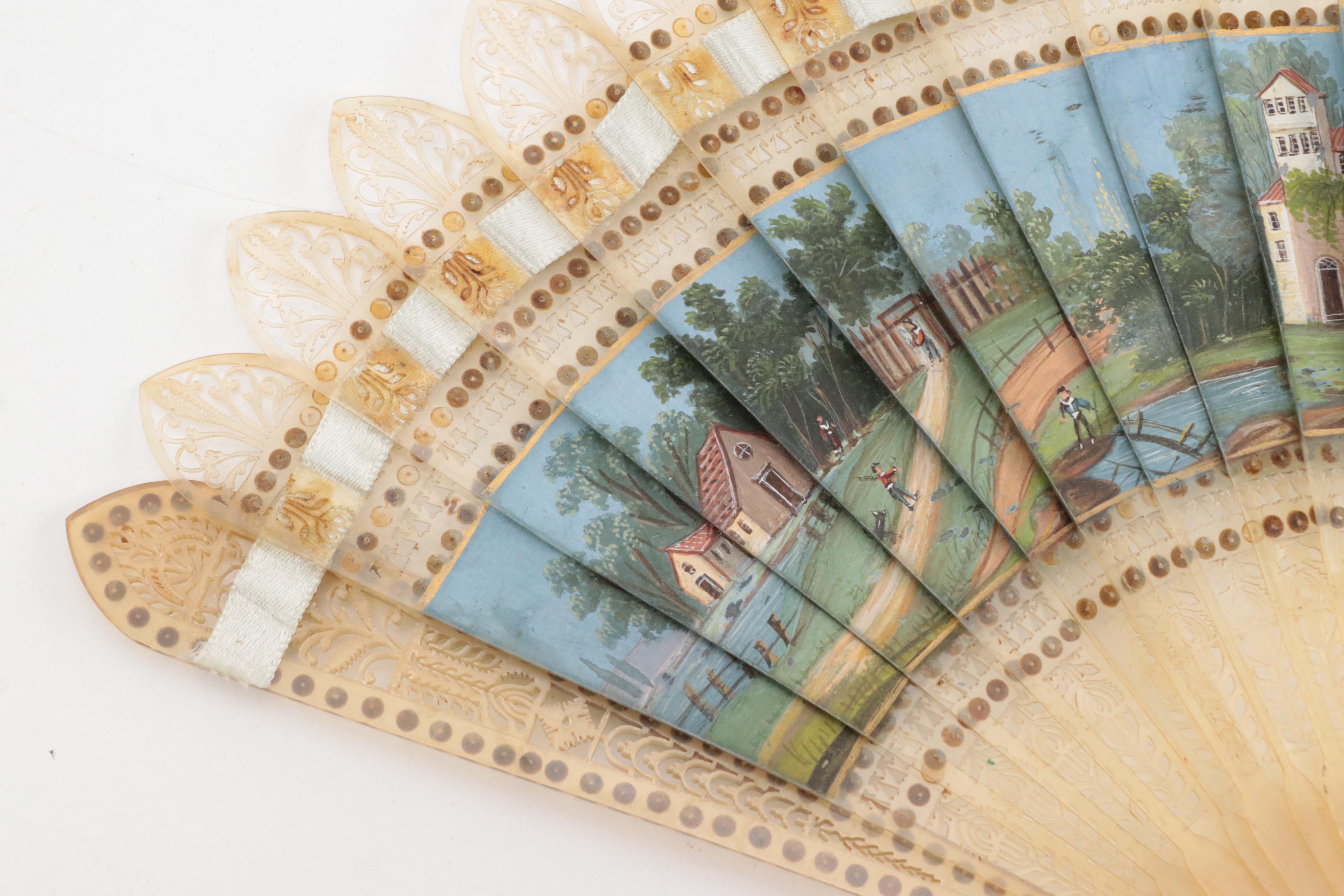French Empire Style Hand-Painted Celluloid Fan with Pastoral Scenes