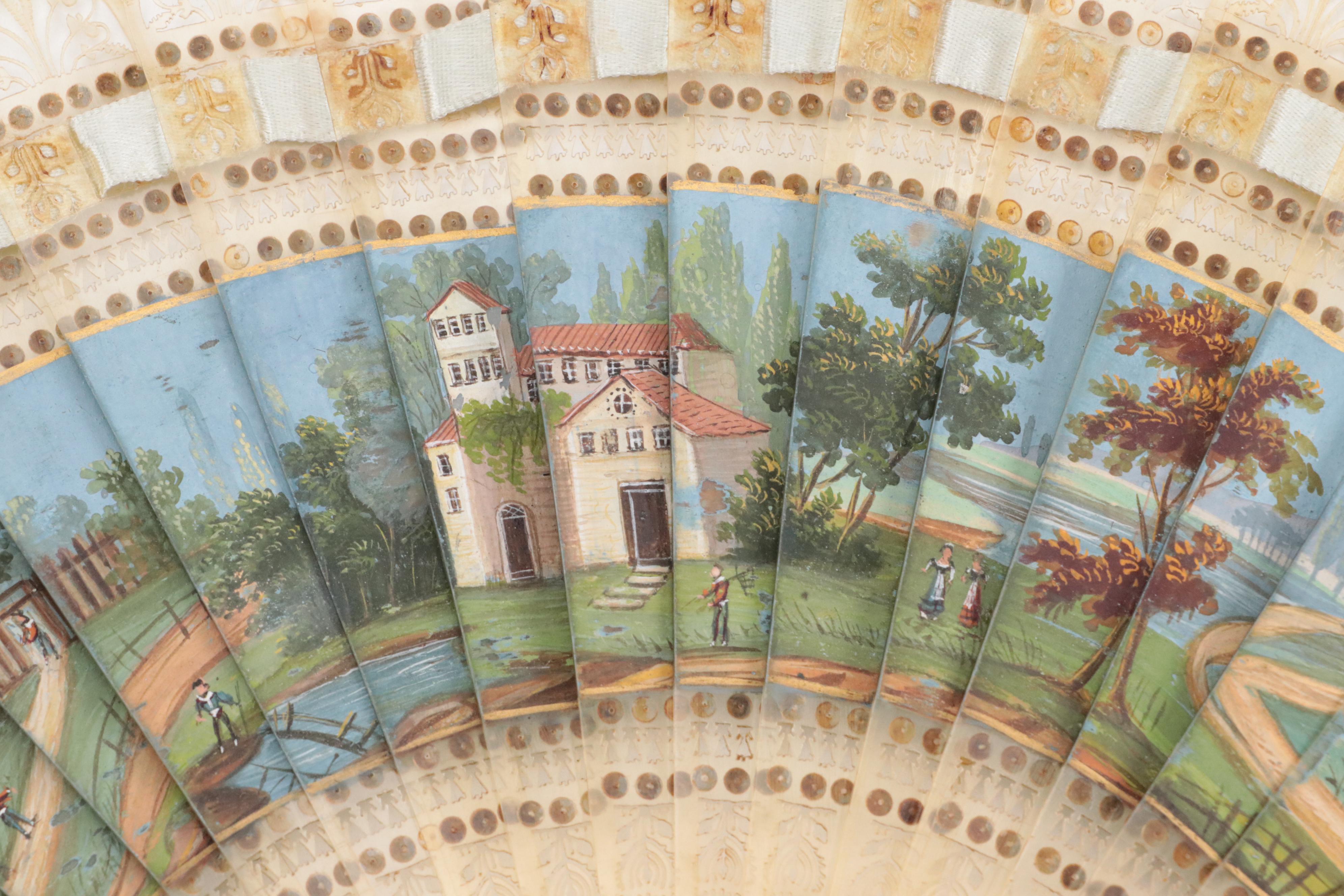 French Empire Style Hand-Painted Celluloid Fan with Pastoral Scenes