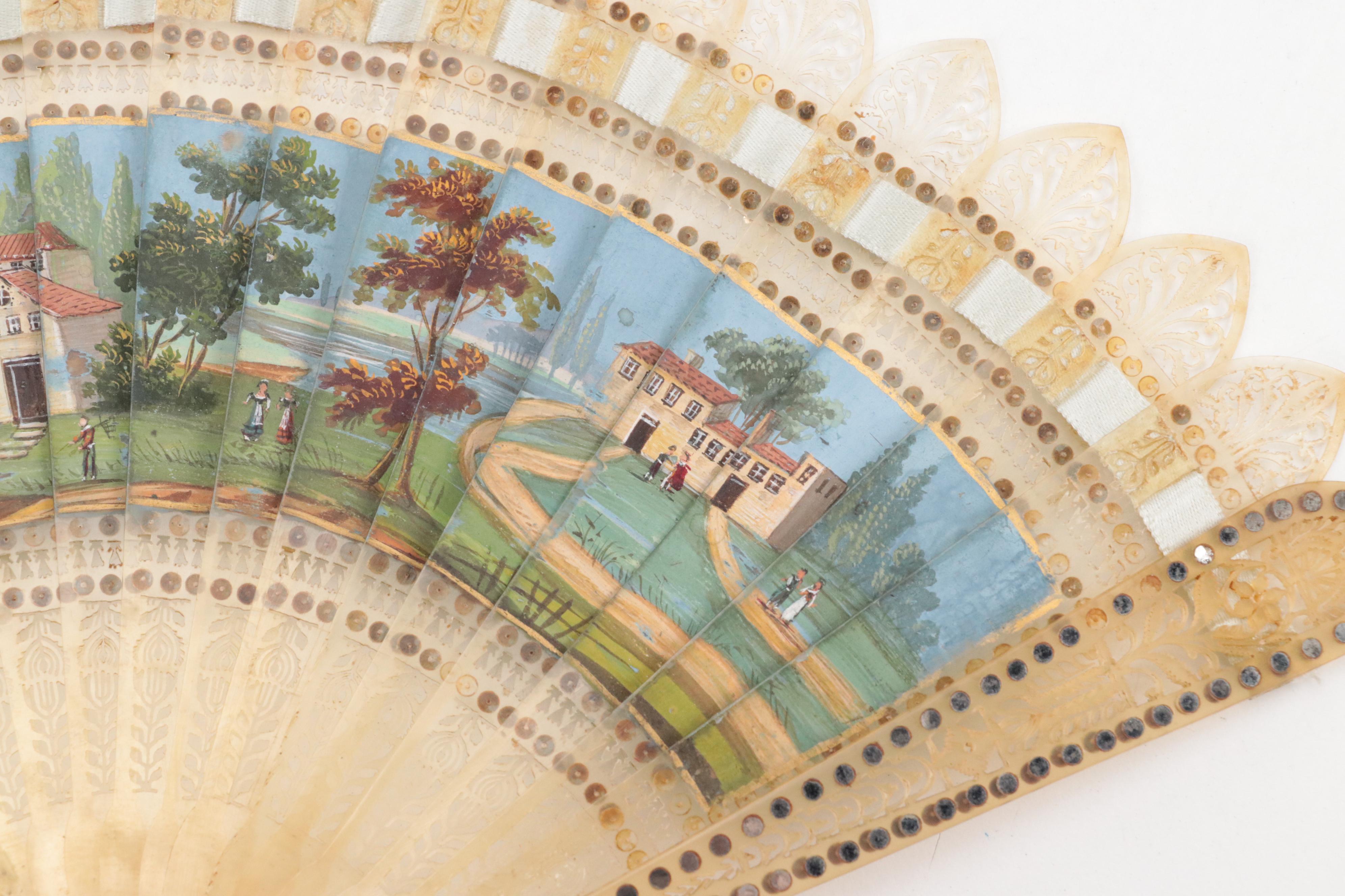 French Empire Style Hand-Painted Celluloid Fan with Pastoral Scenes