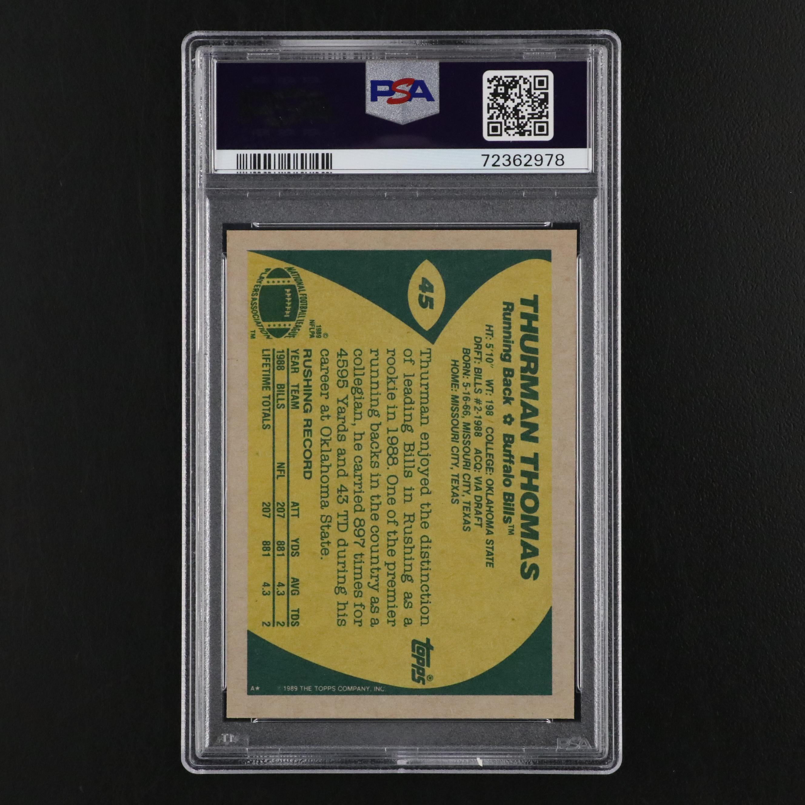 1989 Topps Thurman Thomas Super Rookie Football Card #45 Graded PSA 9