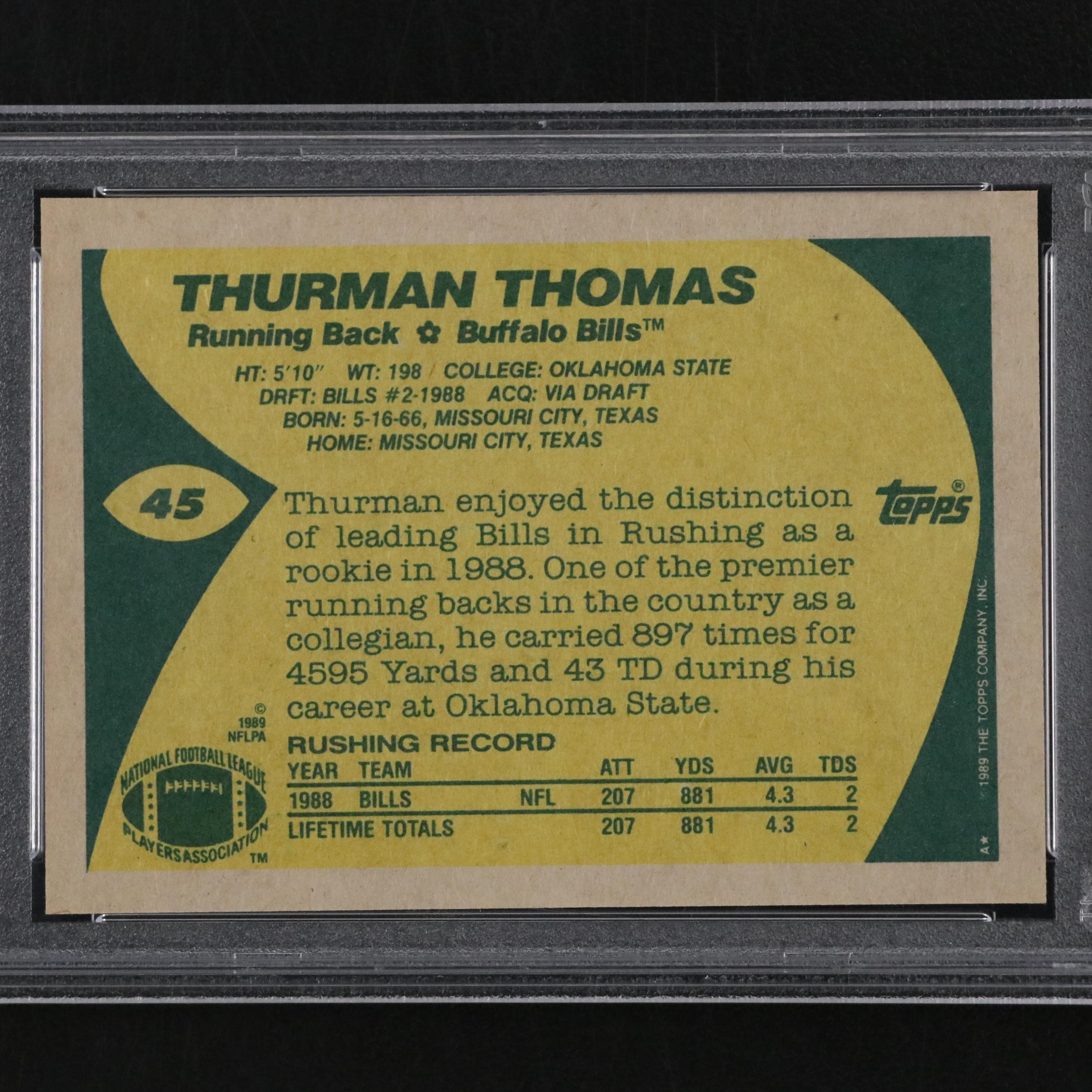 1989 Topps Thurman Thomas Super Rookie Football Card #45 Graded PSA 9