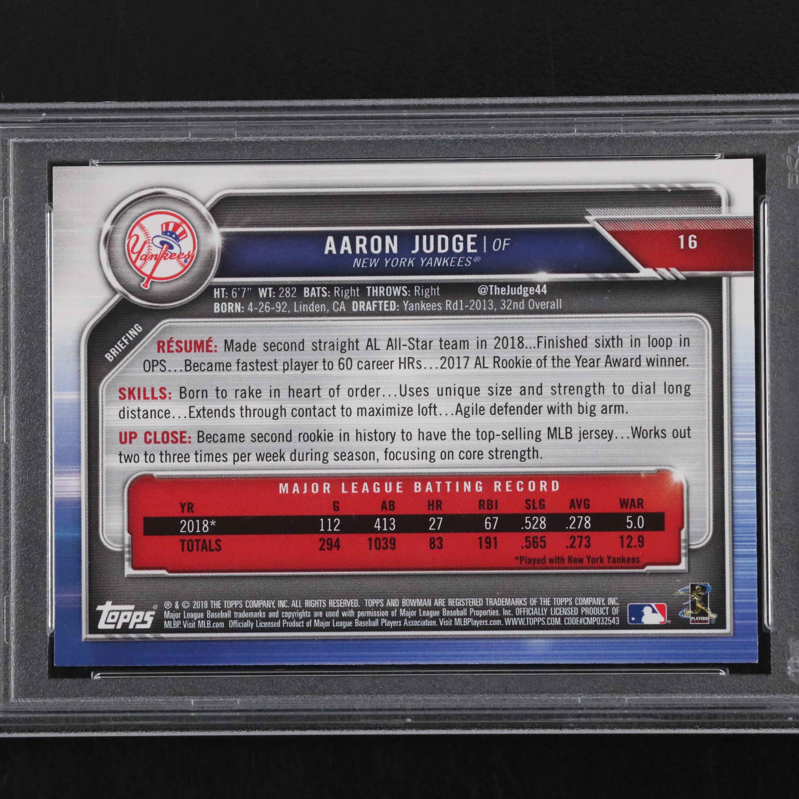 2019 Bowman Aaron Judge New York Yankees Baseball Card Graded PSA 10