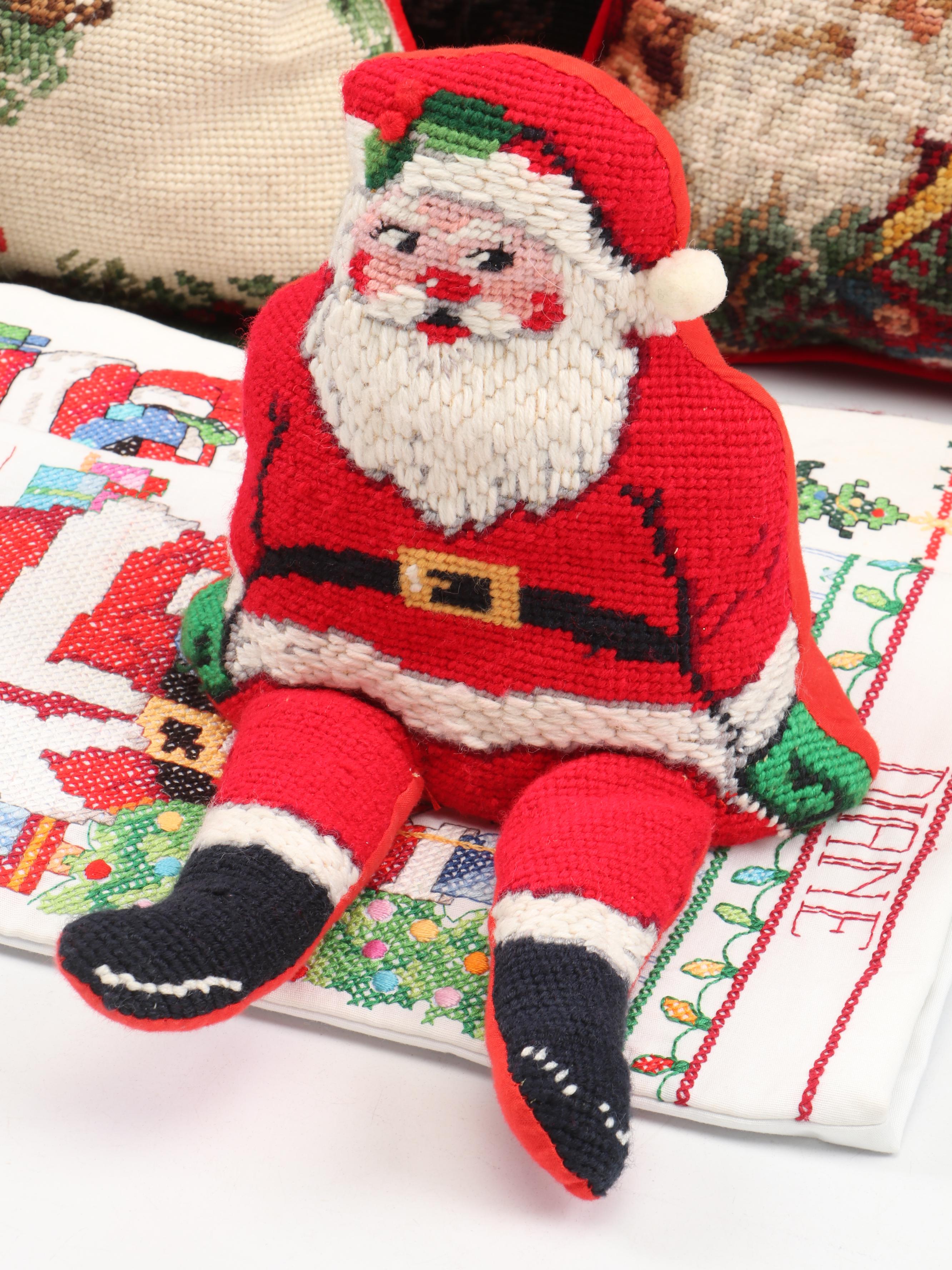 Needlepoint Seasonal Throw Pillows, Stockings, and Stuffed Santa Toy