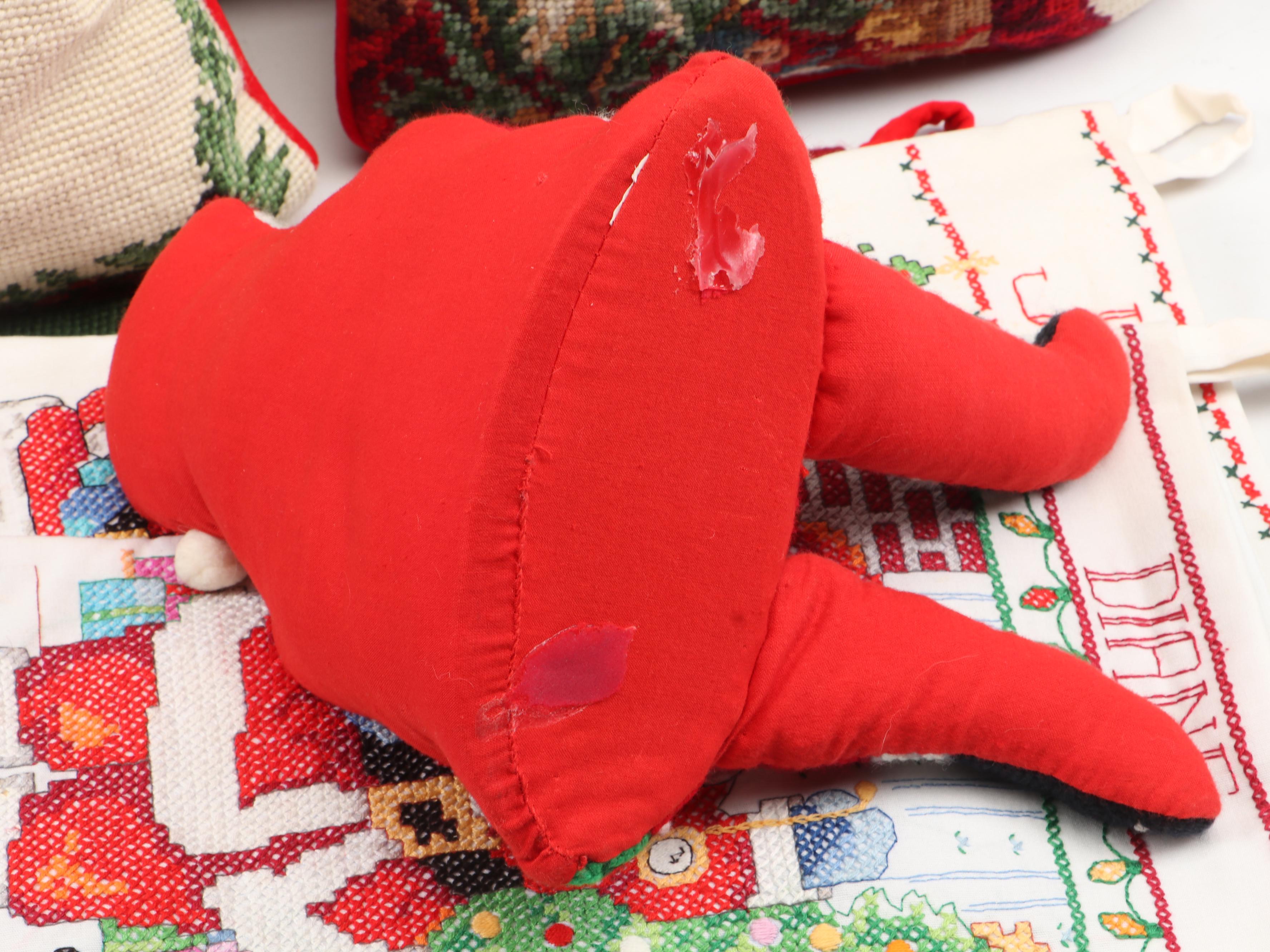 Needlepoint Seasonal Throw Pillows, Stockings, and Stuffed Santa Toy