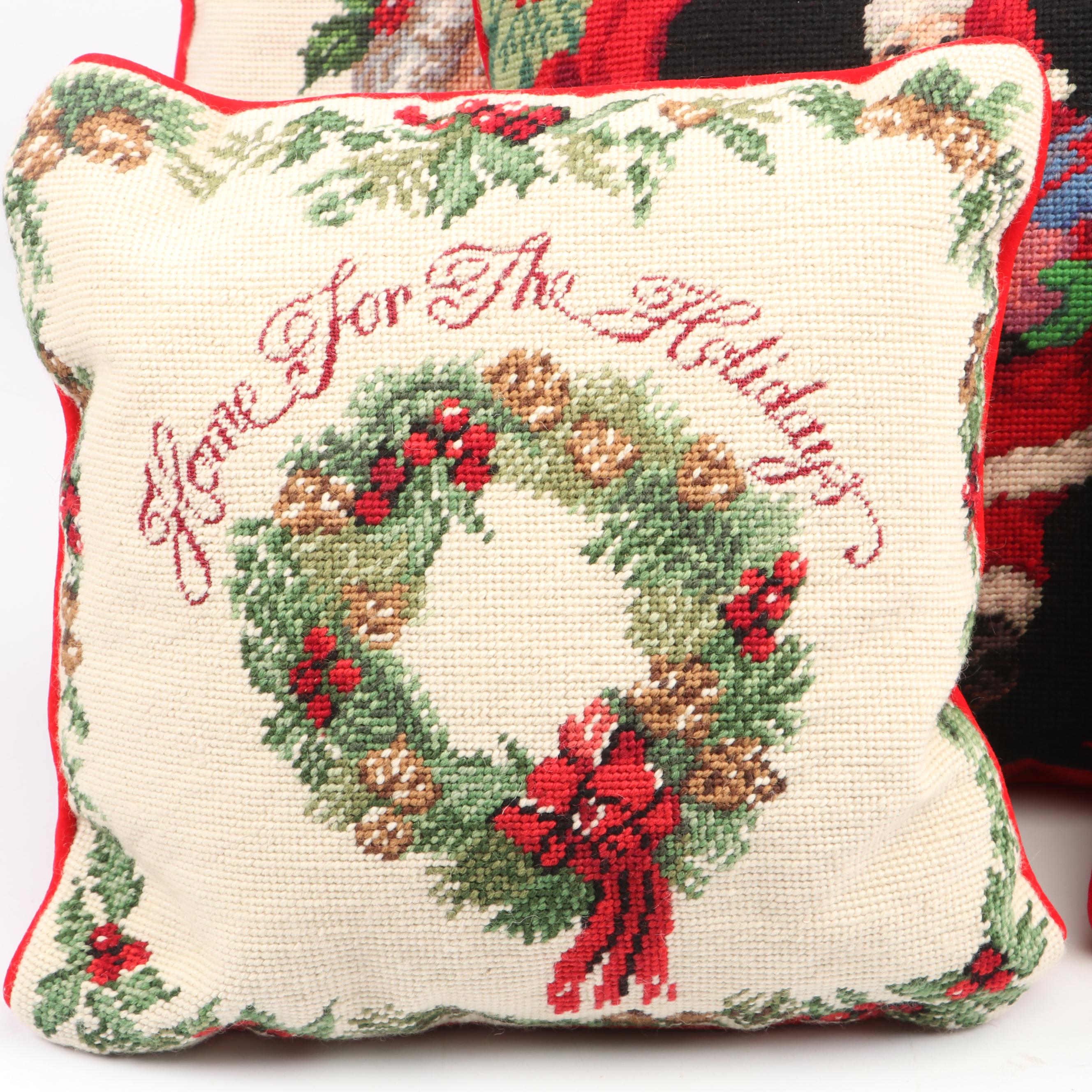 Needlepoint Seasonal Throw Pillows, Stockings, and Stuffed Santa Toy