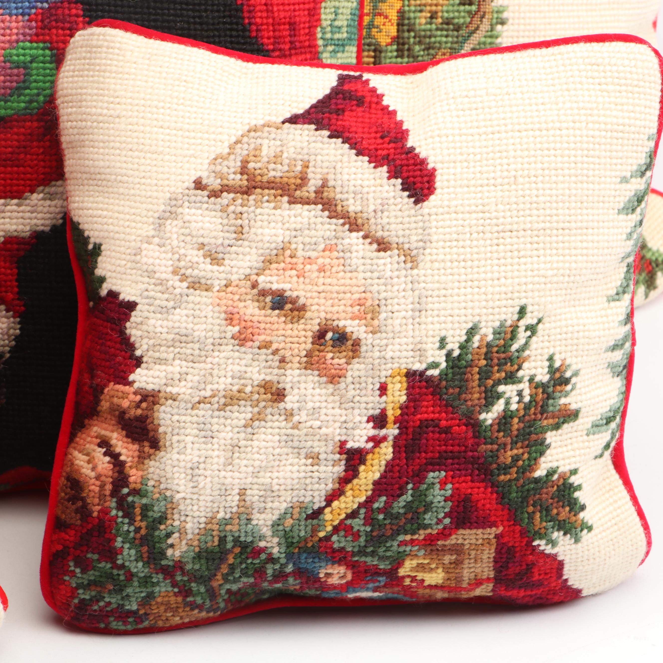 Needlepoint Seasonal Throw Pillows, Stockings, and Stuffed Santa Toy