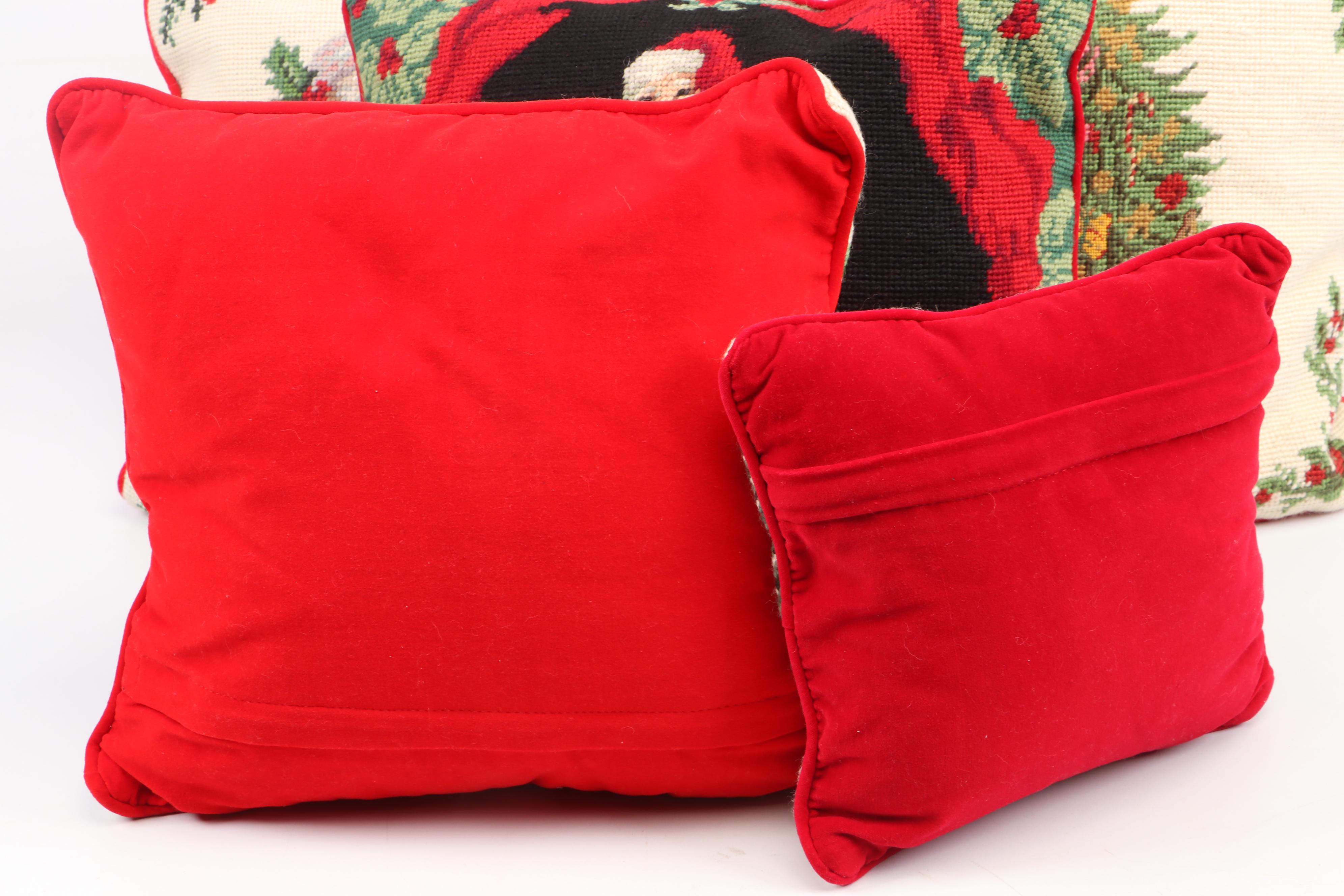 Needlepoint Seasonal Throw Pillows, Stockings, and Stuffed Santa Toy