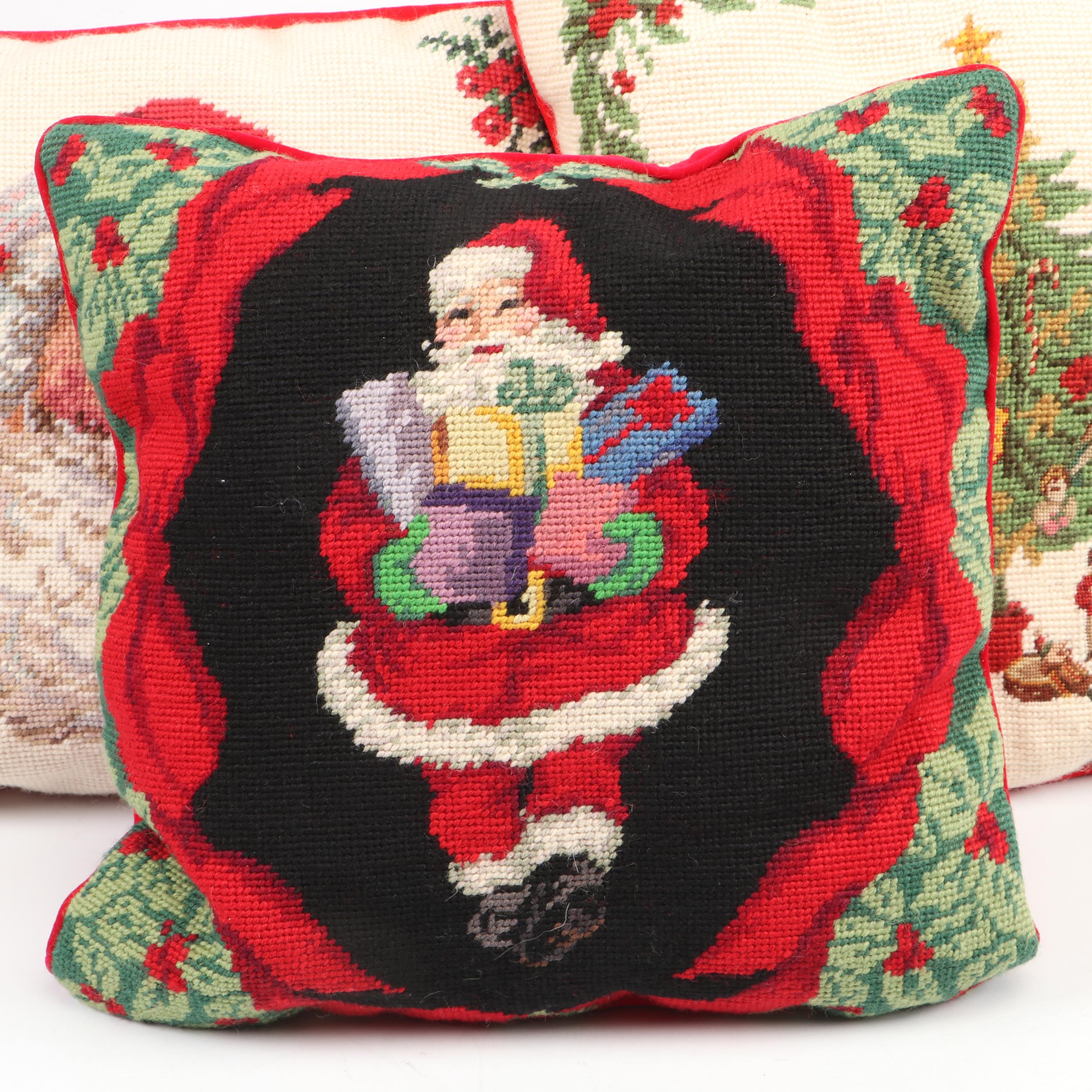 Needlepoint Seasonal Throw Pillows, Stockings, and Stuffed Santa Toy