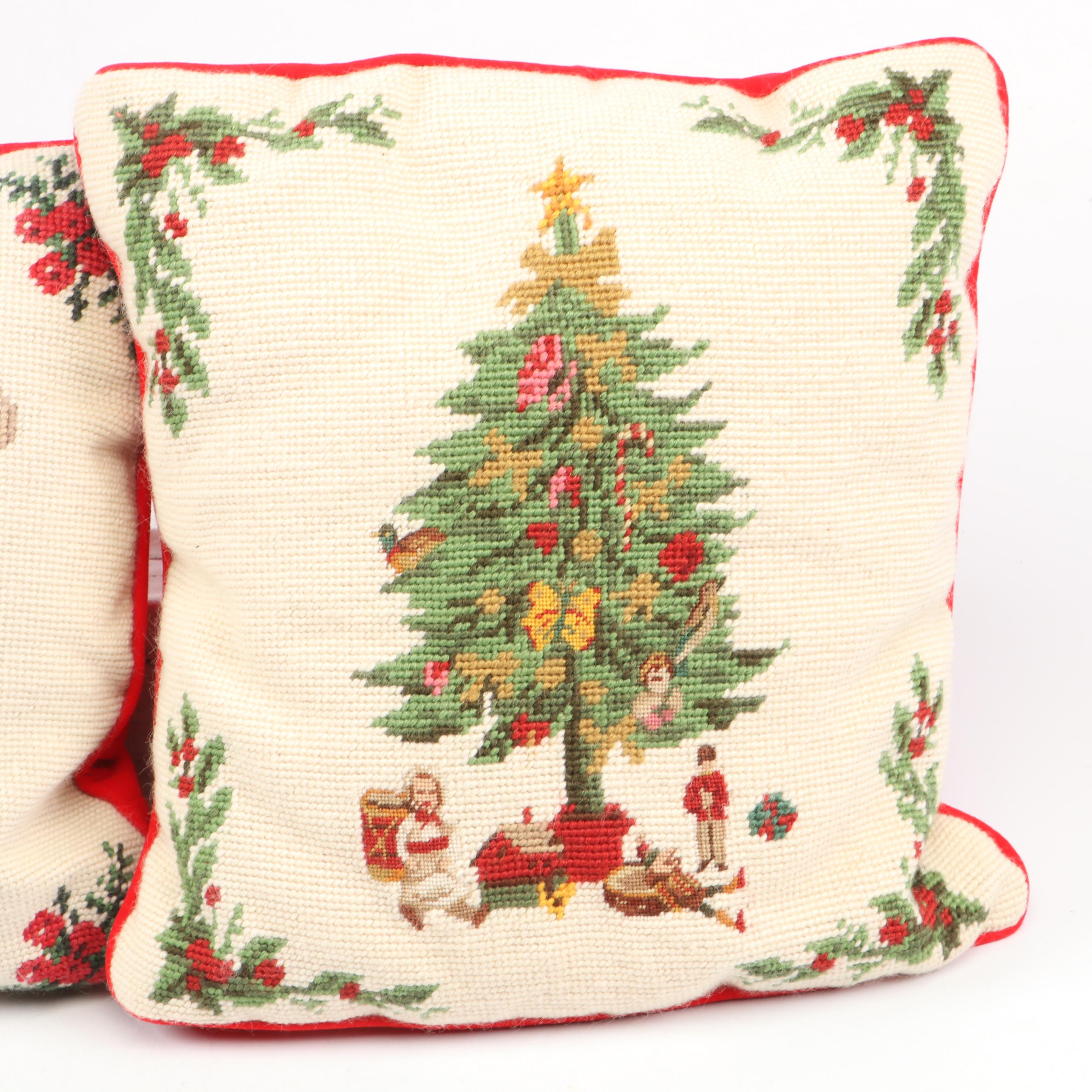 Needlepoint Seasonal Throw Pillows, Stockings, and Stuffed Santa Toy