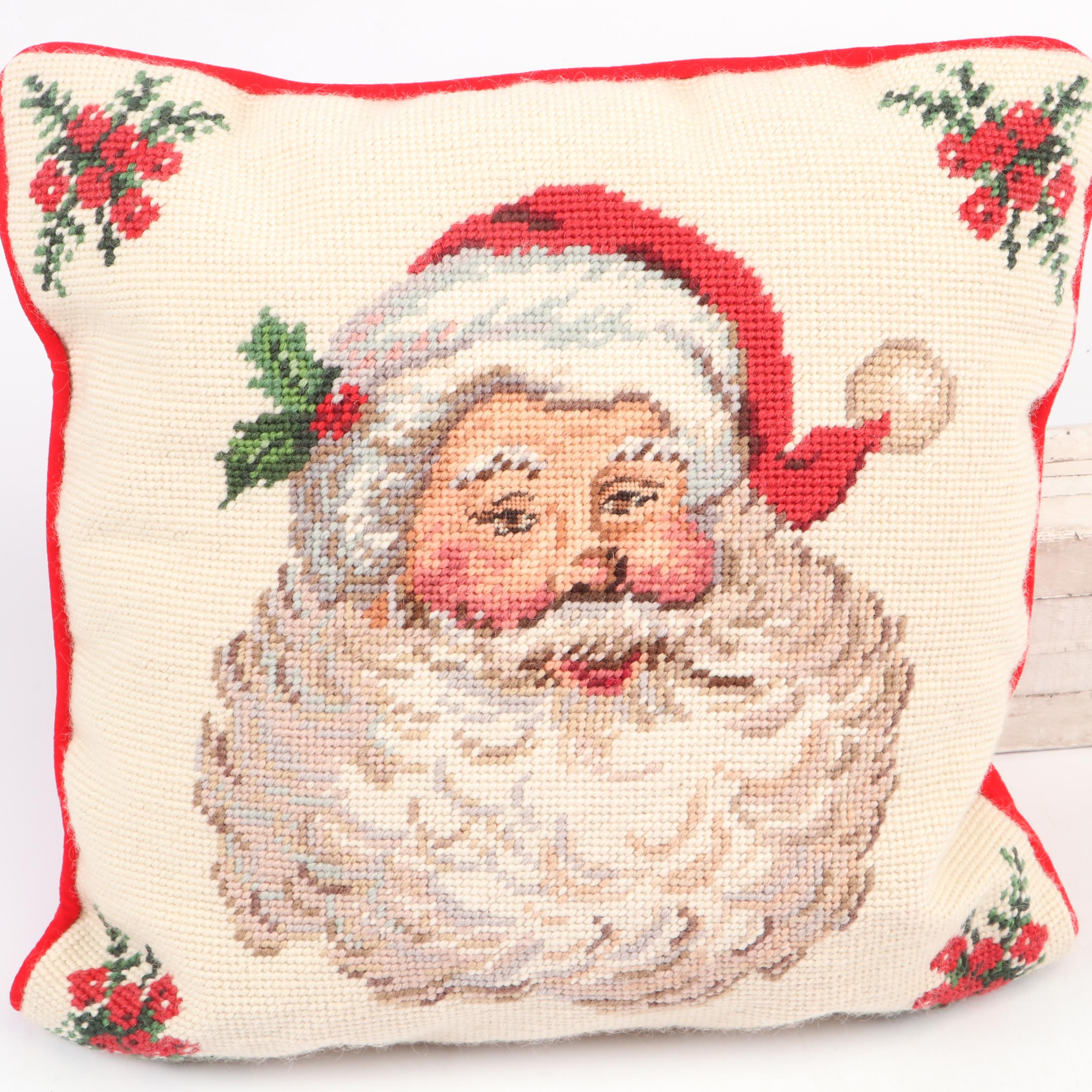 Needlepoint Seasonal Throw Pillows, Stockings, and Stuffed Santa Toy