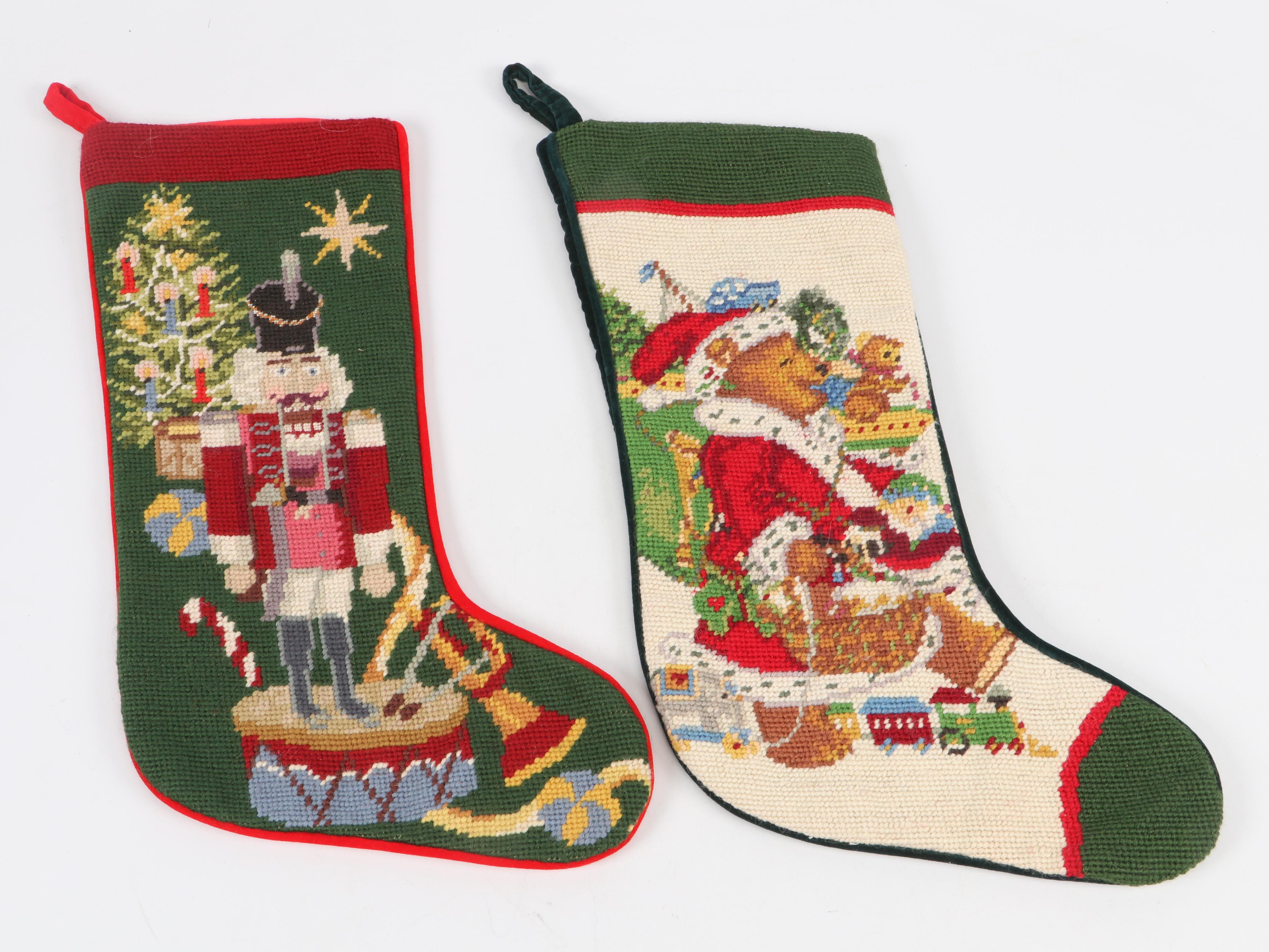Needlepoint Seasonal Throw Pillows, Stockings, and Stuffed Santa Toy
