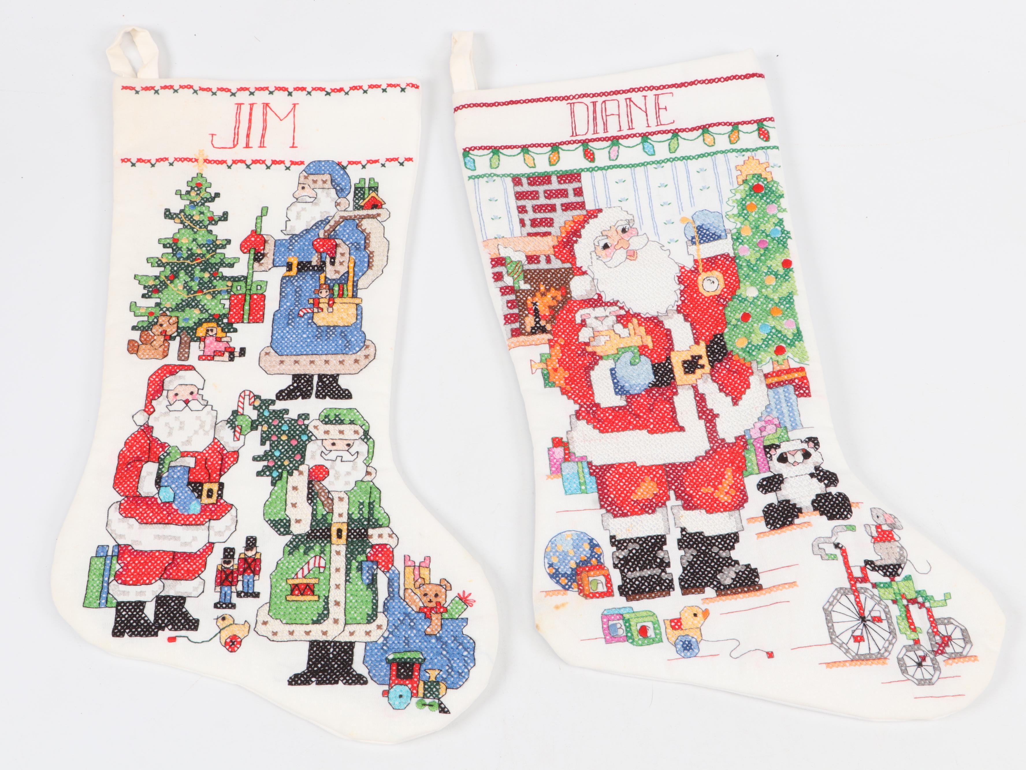 Needlepoint Seasonal Throw Pillows, Stockings, and Stuffed Santa Toy
