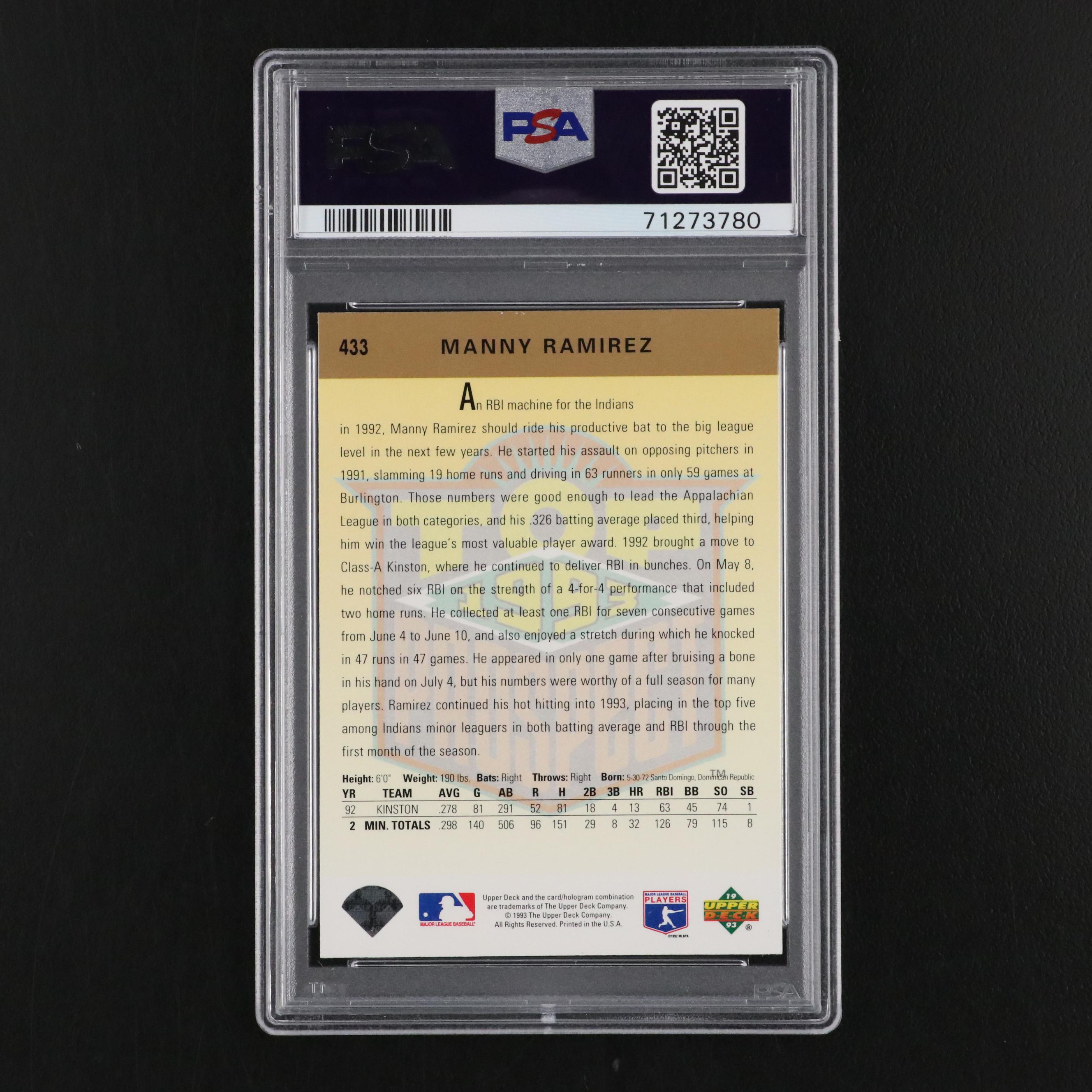 1993 Upper Deck Manny Ramirez Top Prospect Baseball Card #433 Graded PSA 9