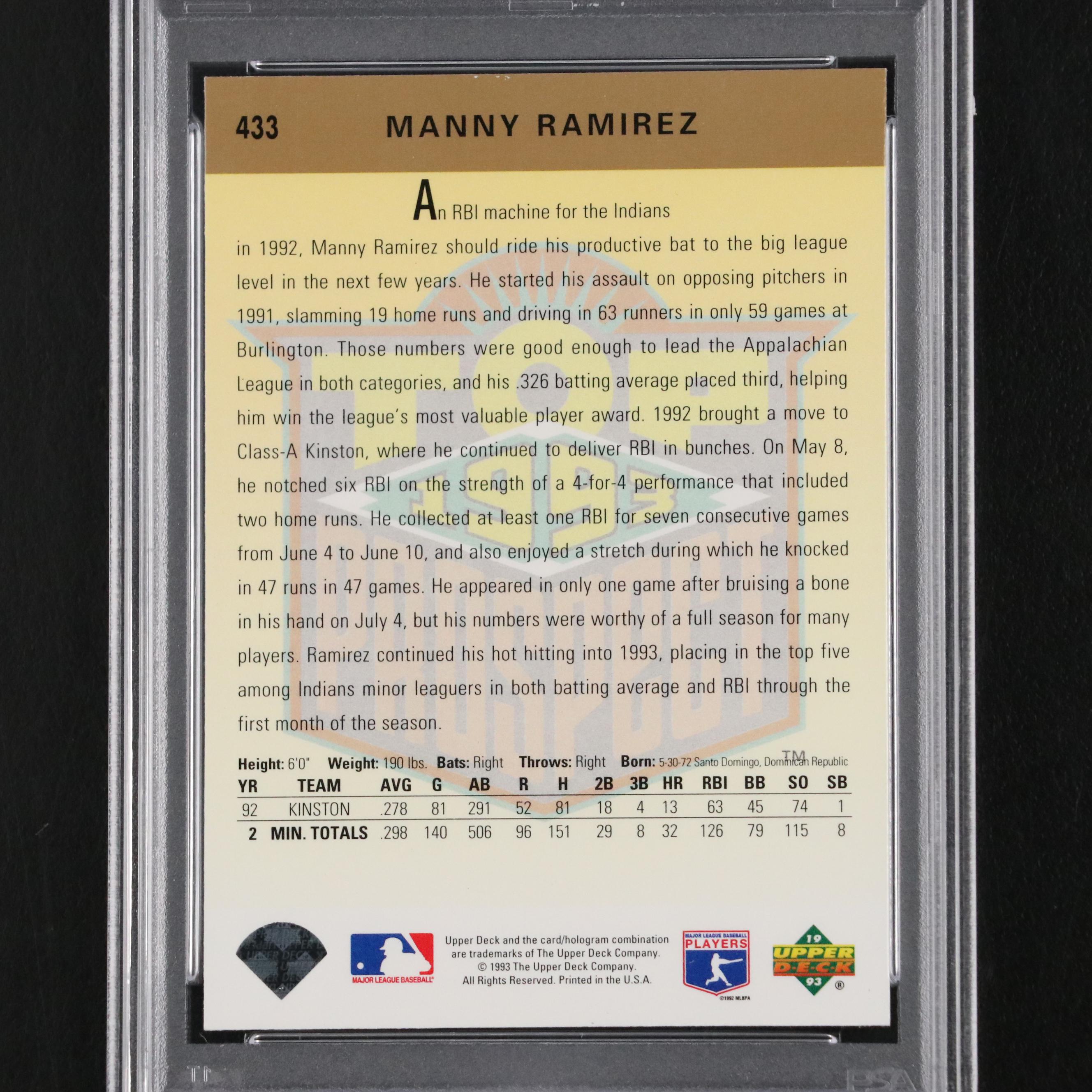 1993 Upper Deck Manny Ramirez Top Prospect Baseball Card #433 Graded PSA 9