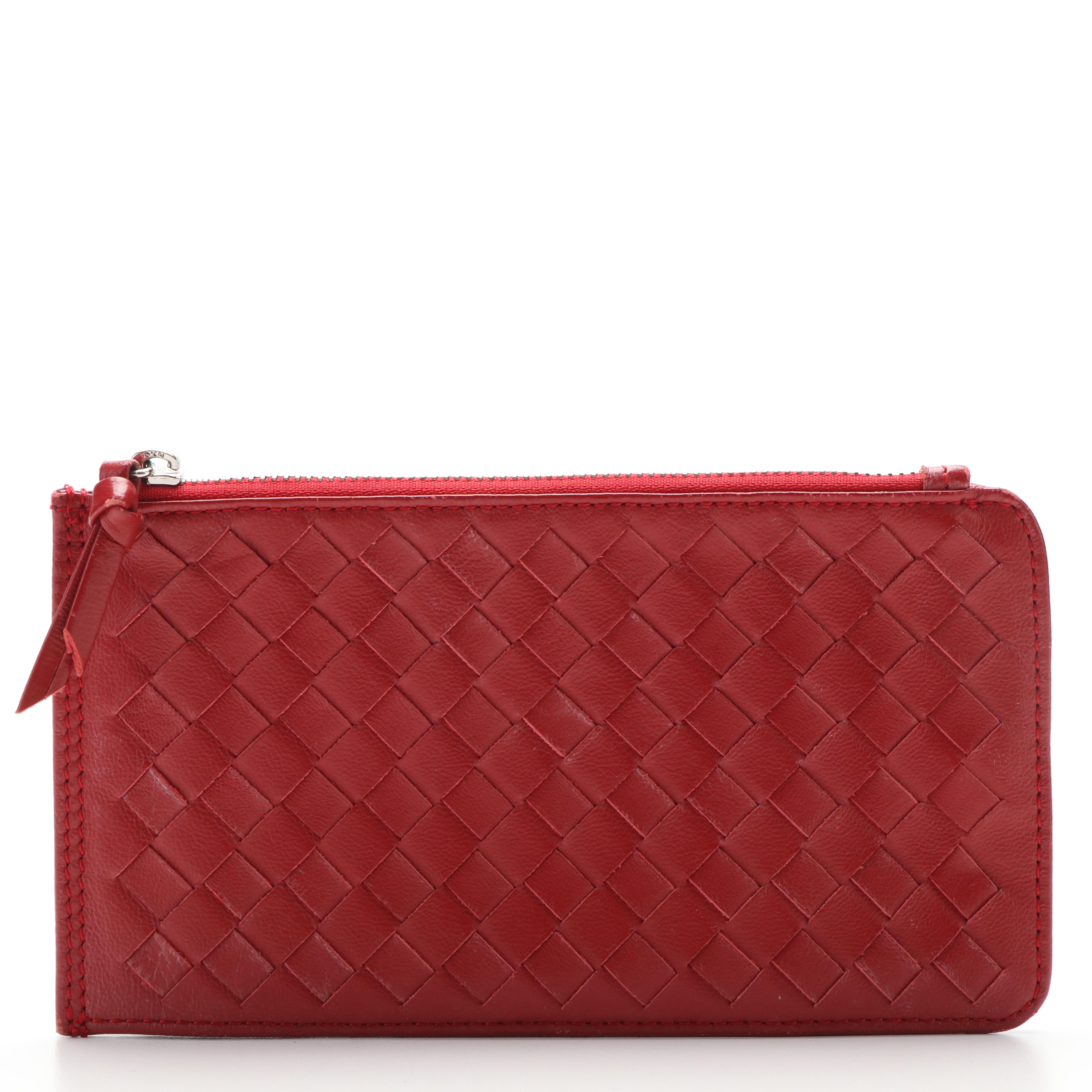 Bottega Venetta Intrecciato Red Leather Slim Long Wallet