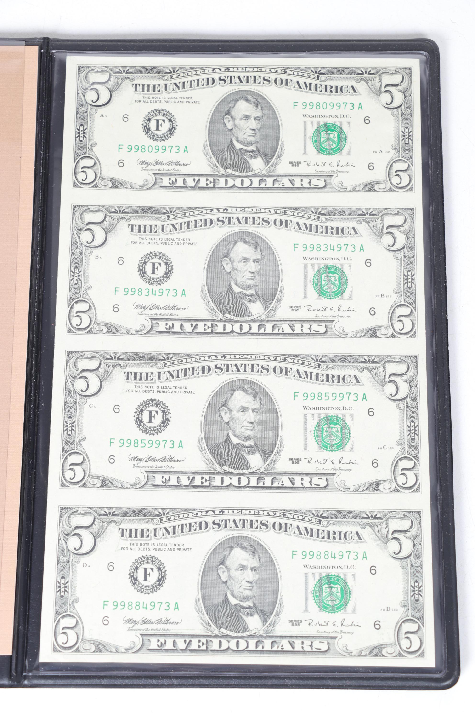 World Reserve Monitary Exchange Uncut Four-Note Sheets $5, $10, and $20