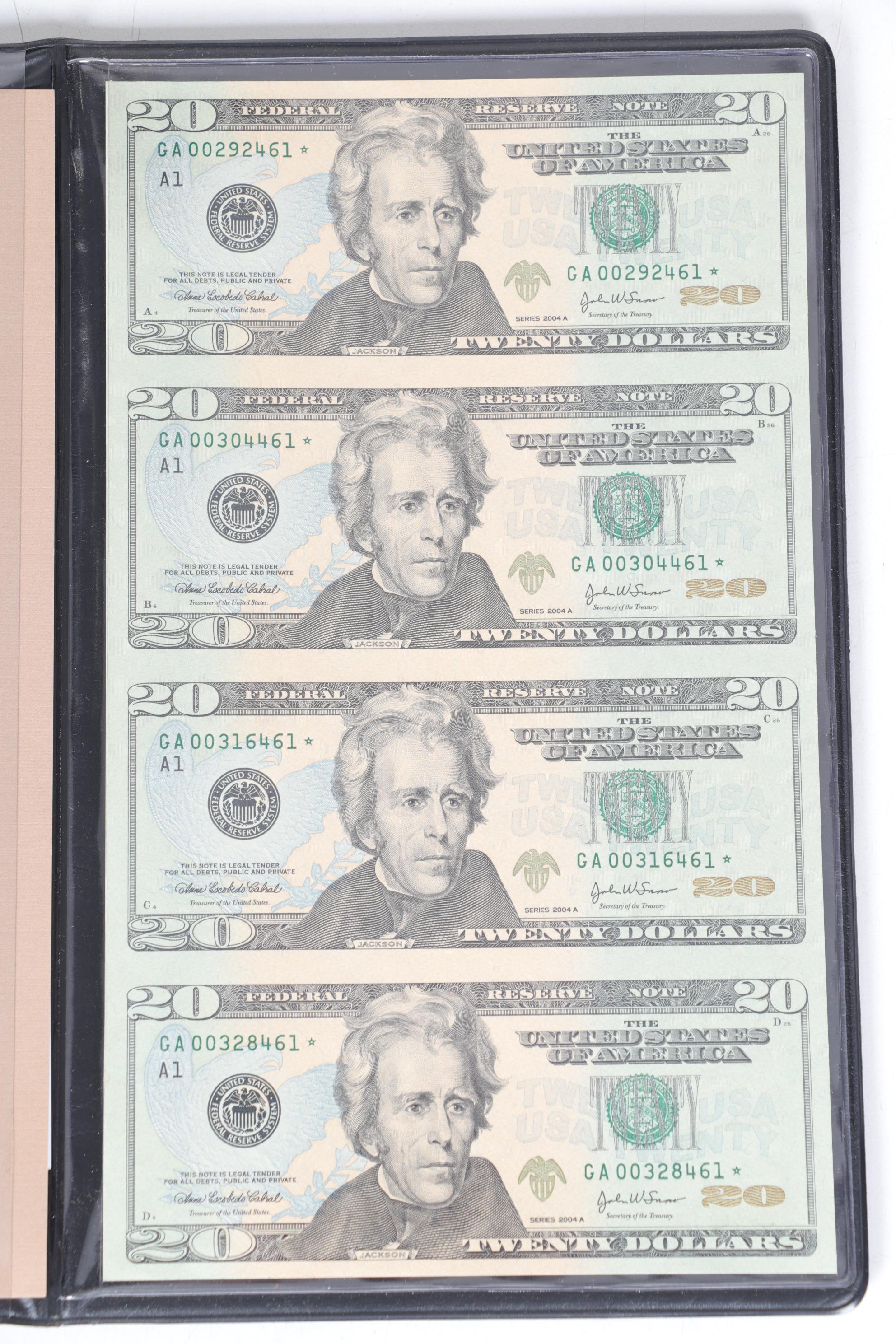 World Reserve Monitary Exchange Uncut Four-Note Sheets $5, $10, and $20