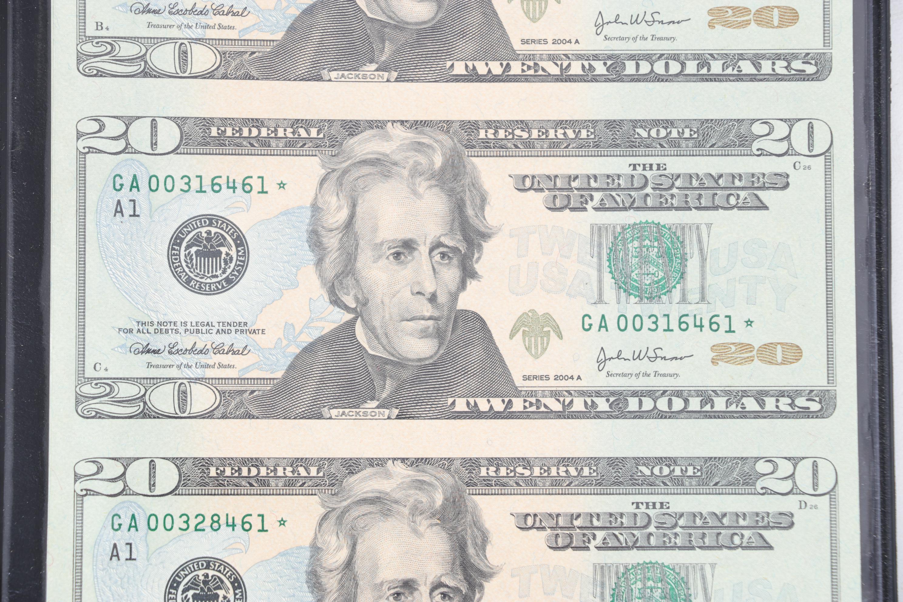 World Reserve Monitary Exchange Uncut Four-Note Sheets $5, $10, and $20