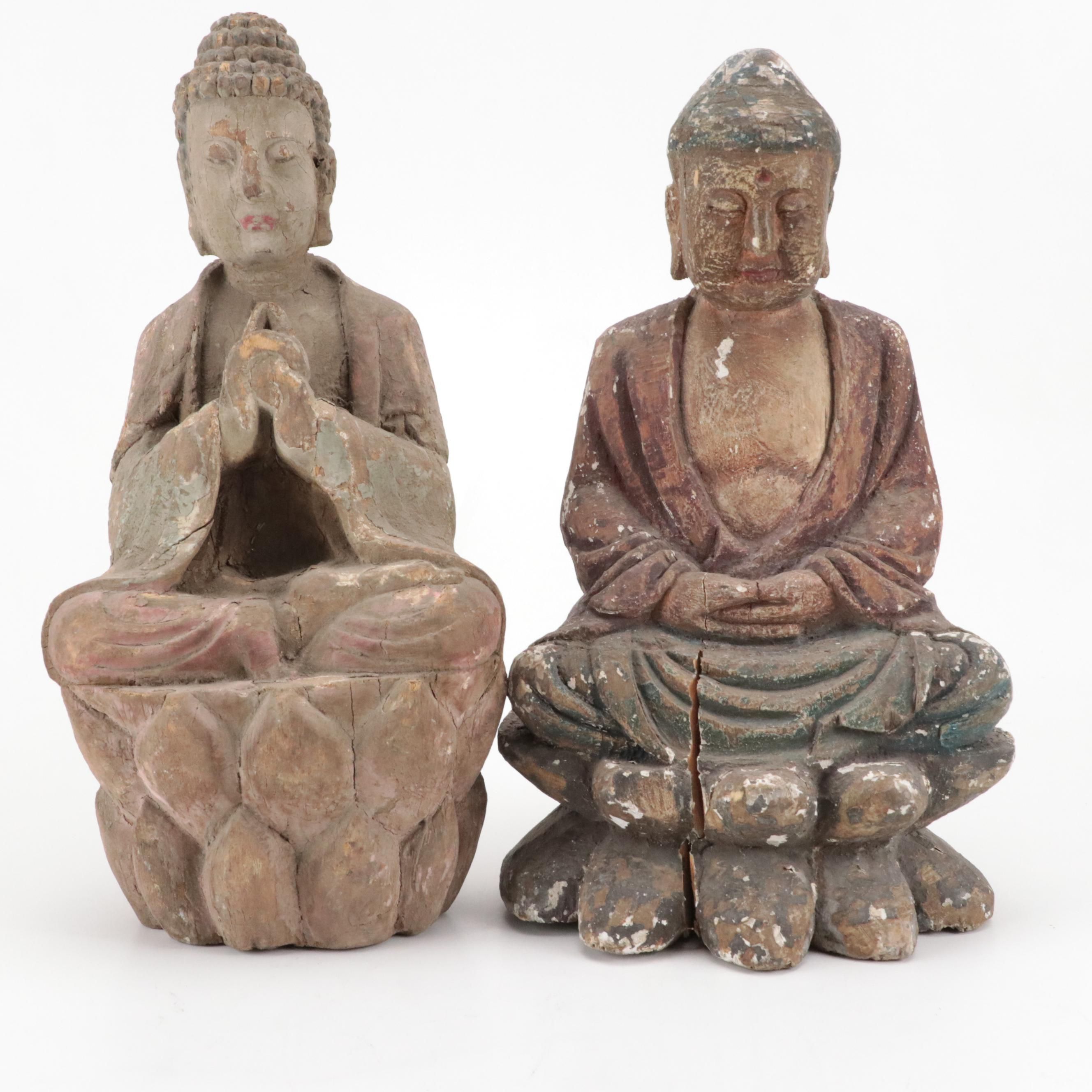 East Asian Polychrome Plaster Over Carved Wood Buddha Figurines, Antique