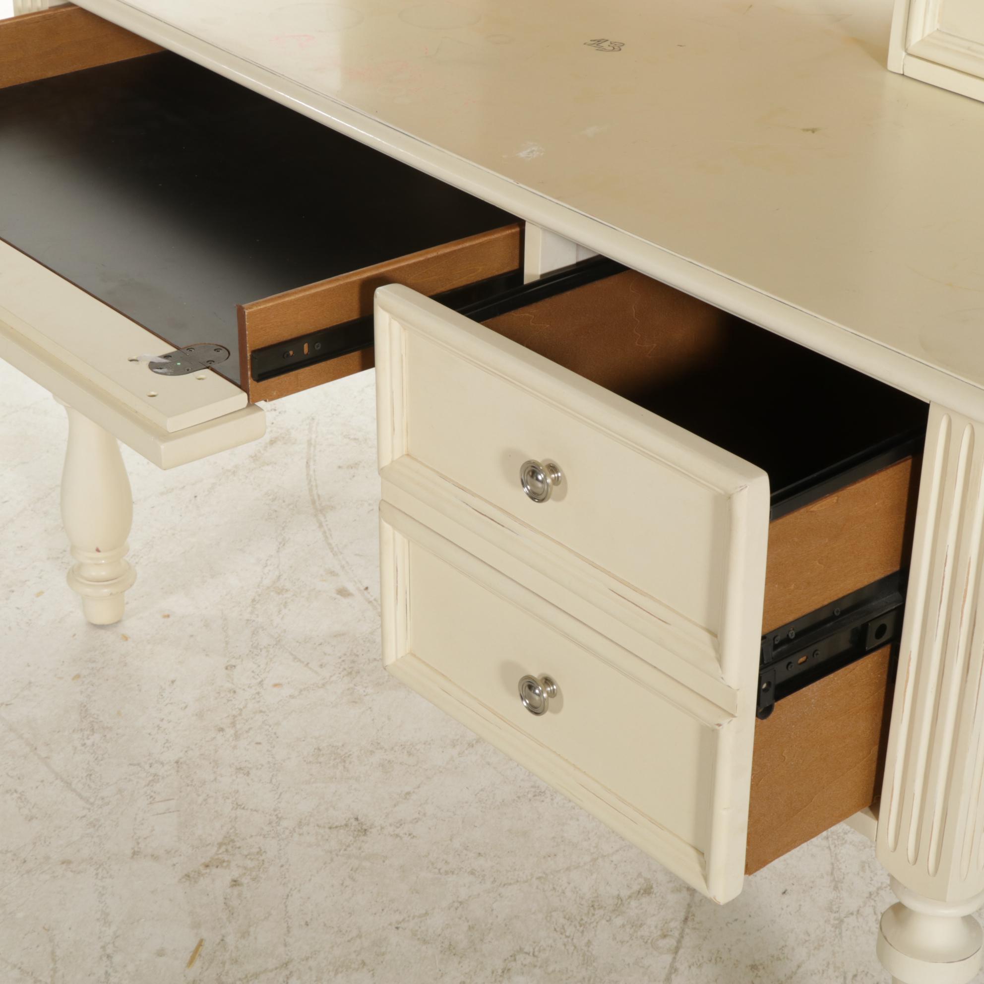 Cream Finish Wood Writing Desk with Hutch and Desk Chair