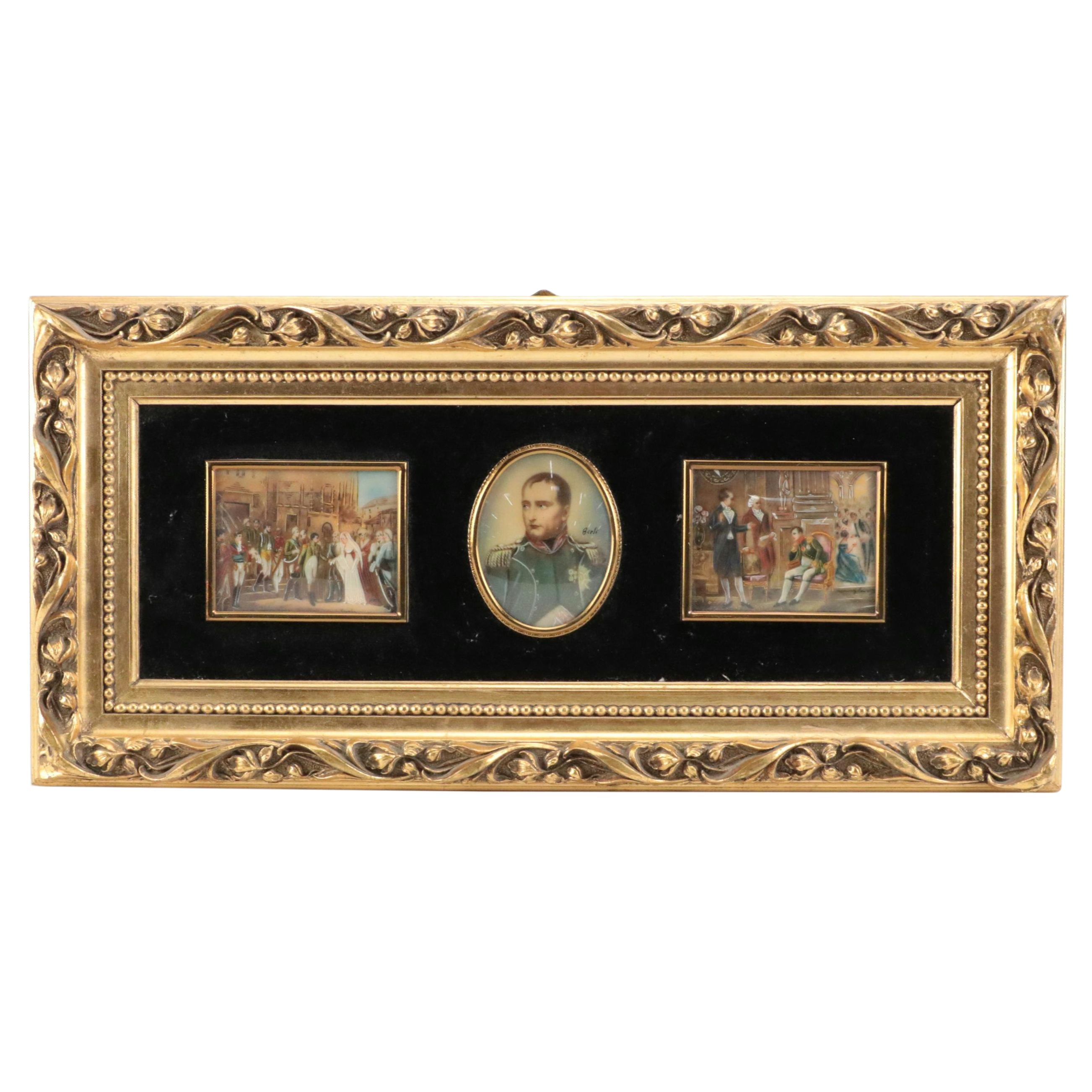 French Napoleonic Style Oil Paintings on Plastic in Gilt Plaster and Wood Frame