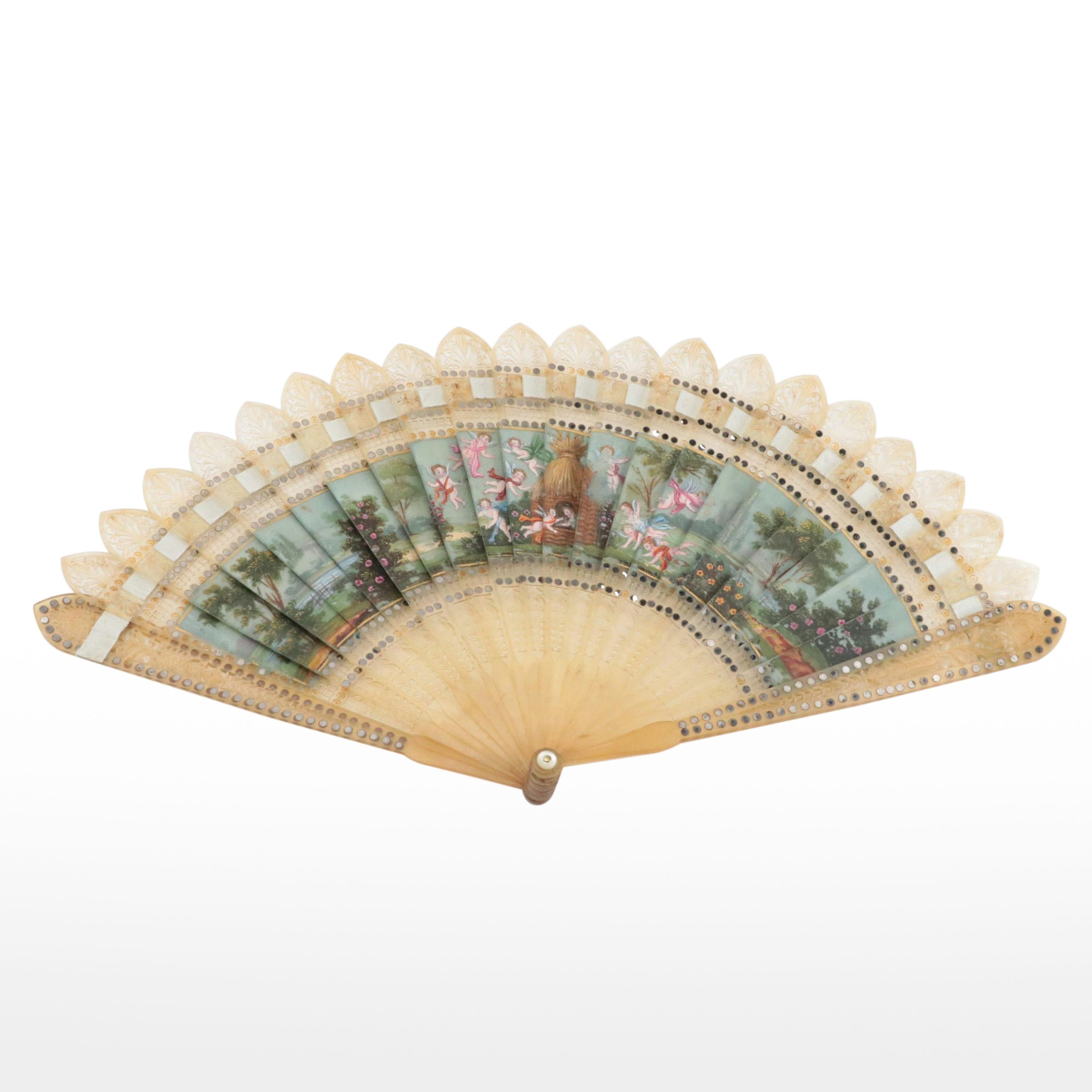 French Empire Style Hand-Painted Celluloid Fan with Pastoral Scenes