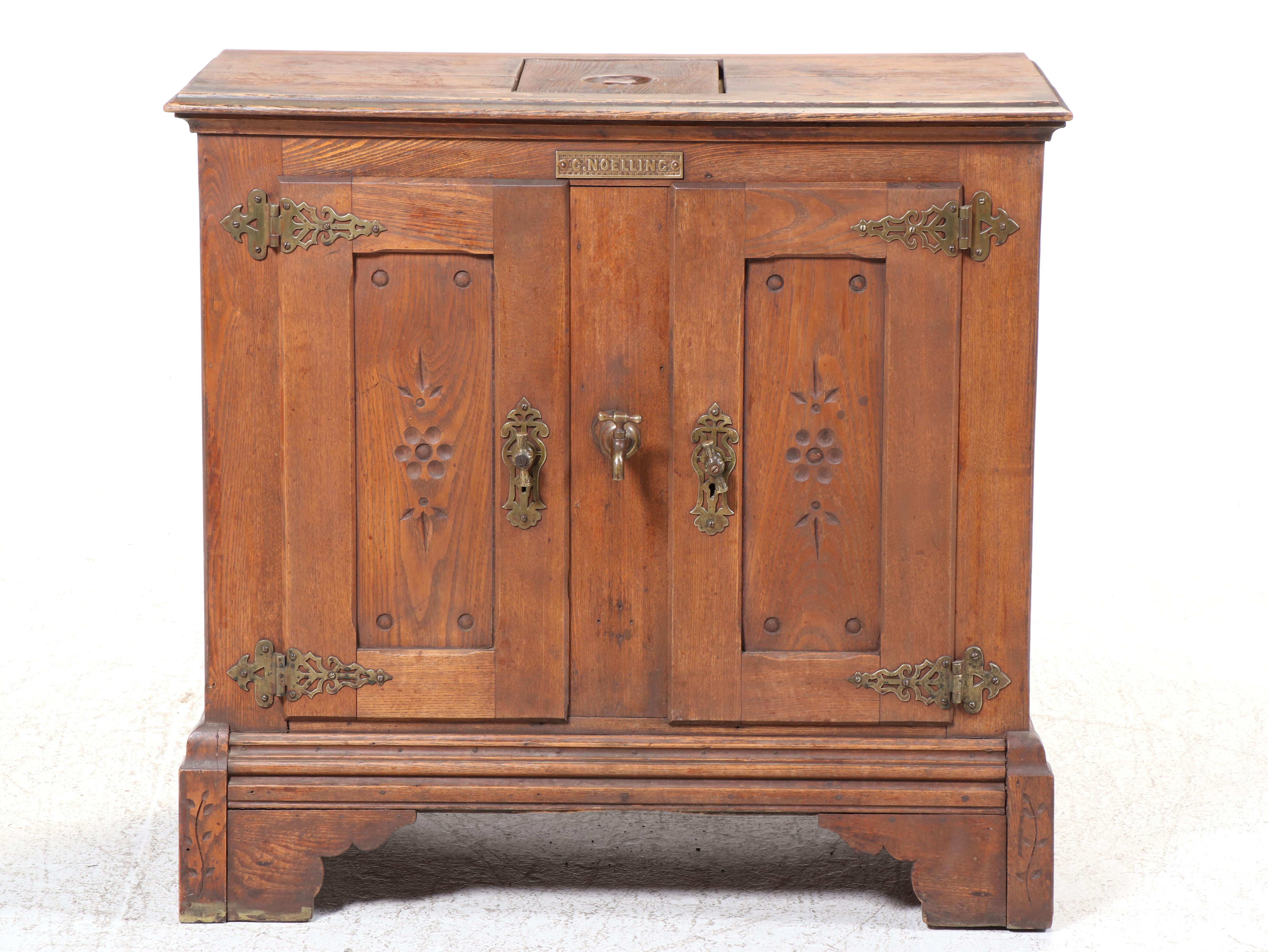 C. Noelling Carved Oak Icebox Chest with Metal Lining, 1900s