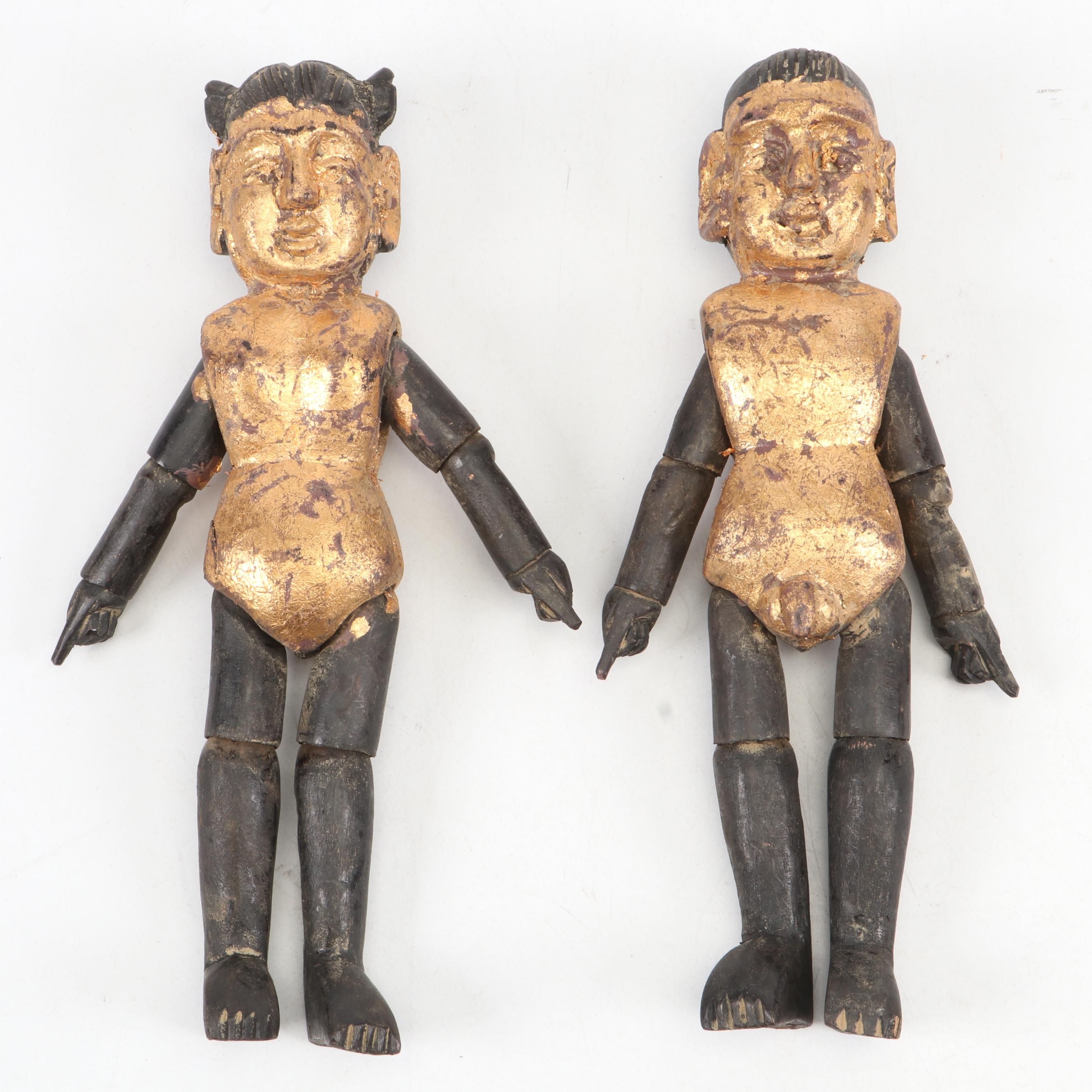 Chinese Jointed Gilt Wooden Male and Female Fertility Dolls Antique Everything But The House