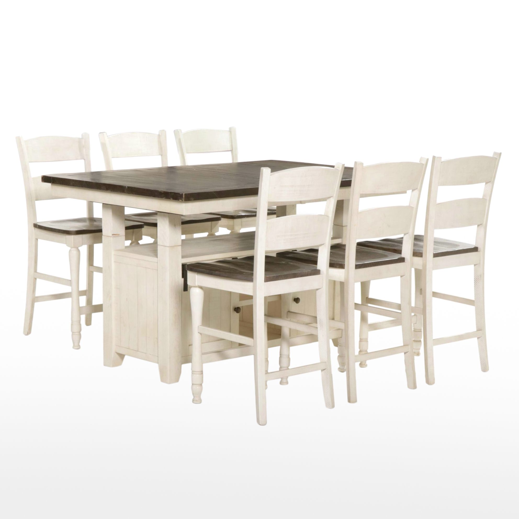 Rustic Farmhouse Style Painted Wood Dining Table with Storage and Six Chairs