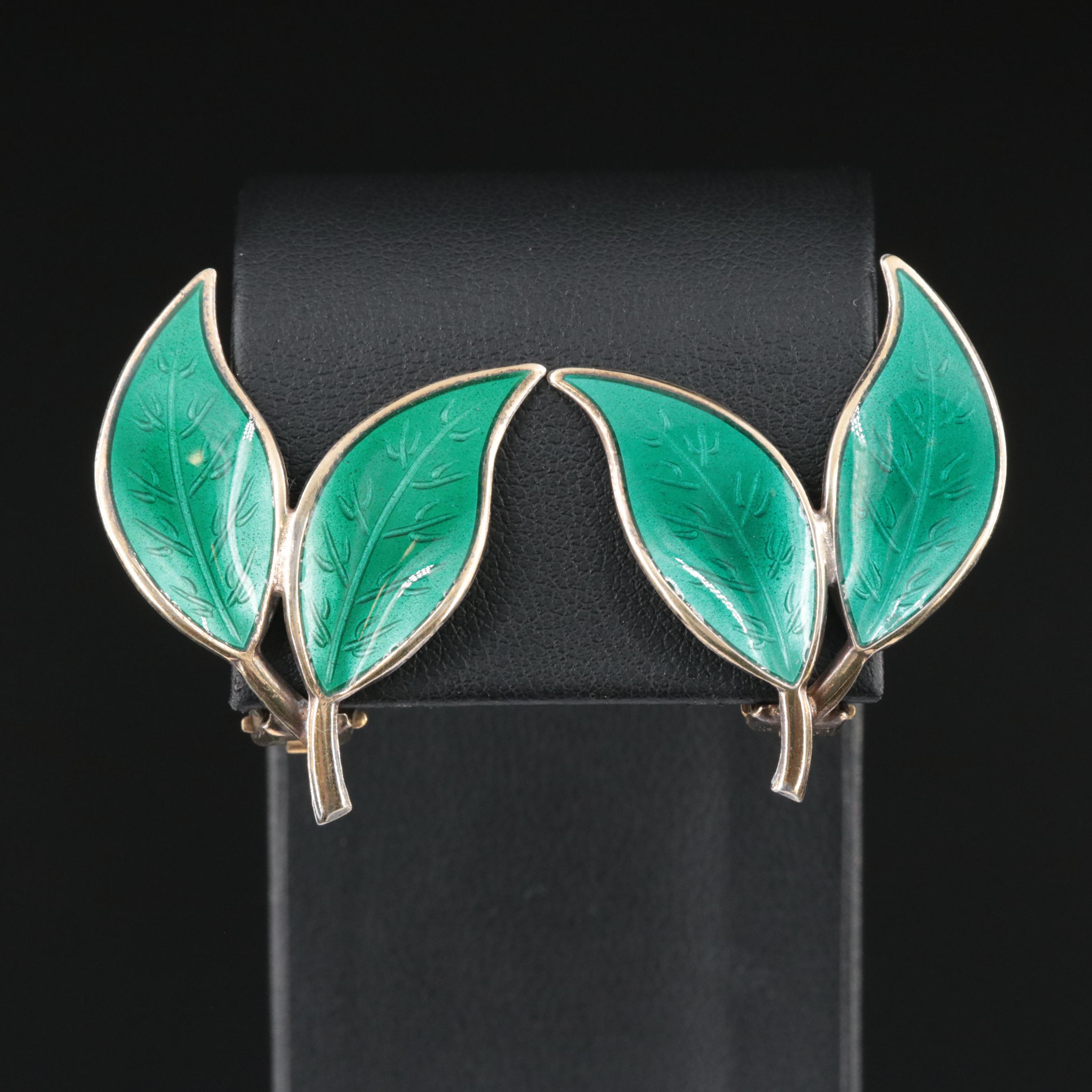 Vintage Willy Winnaess for David Andersen Sterling Enamel Leaf Earrings