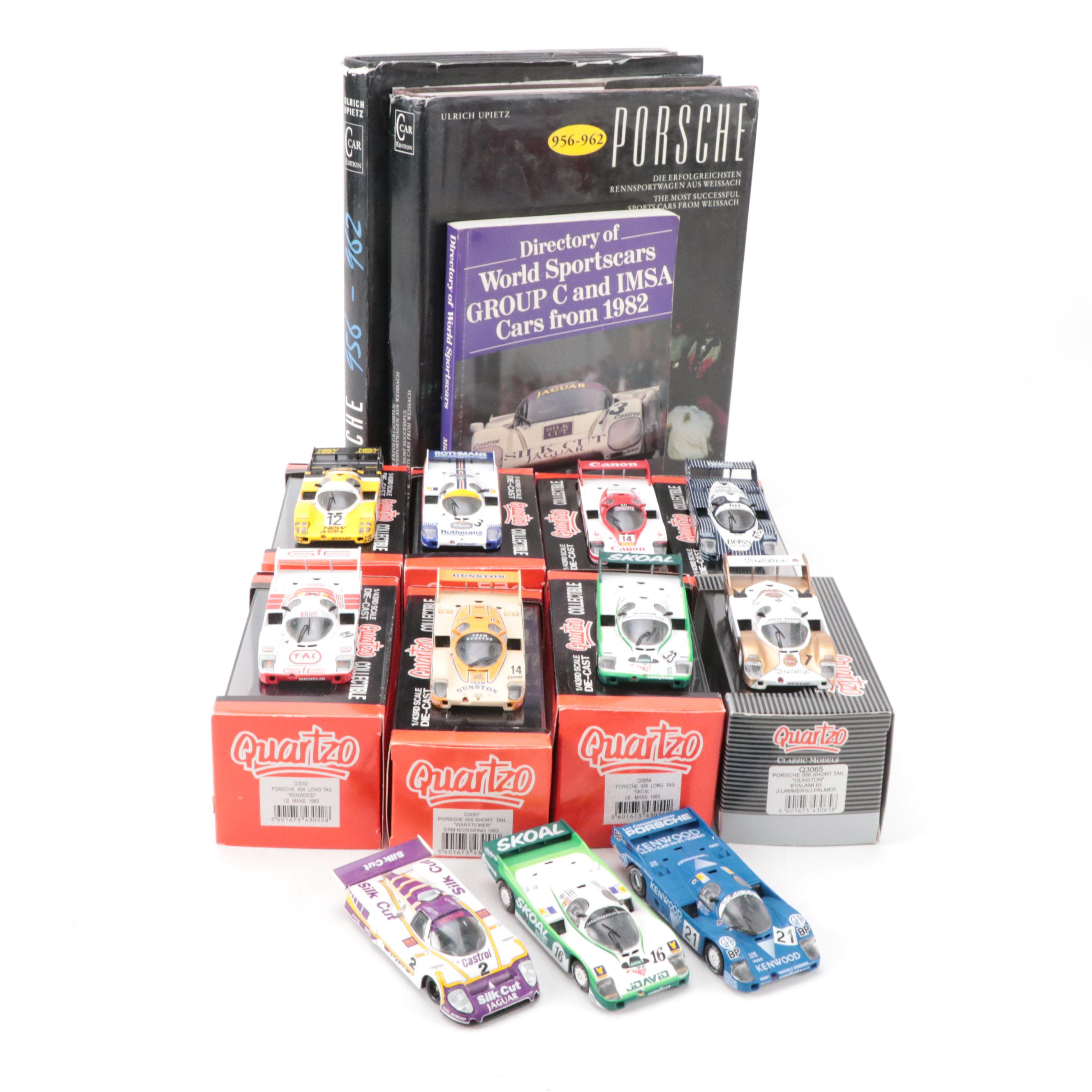 Quartzo Porsche 956, Jaguar IMSA Model Race Cars with Books, Late 20th Century