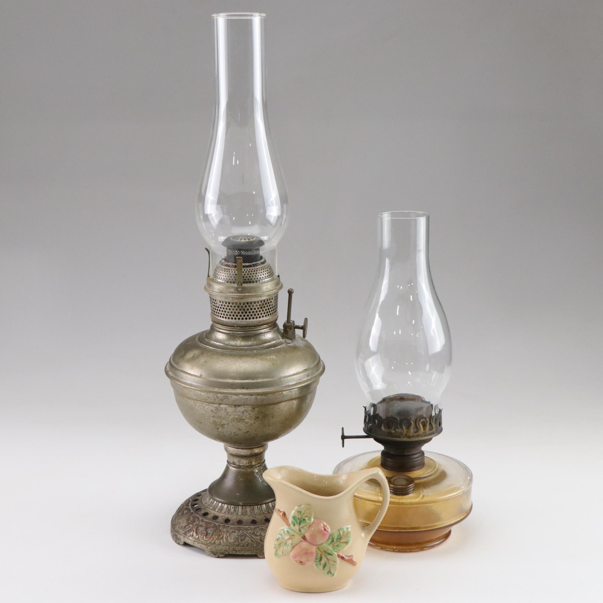 Pair Of Oil Hurricane Lamps with Roseville Creamer
