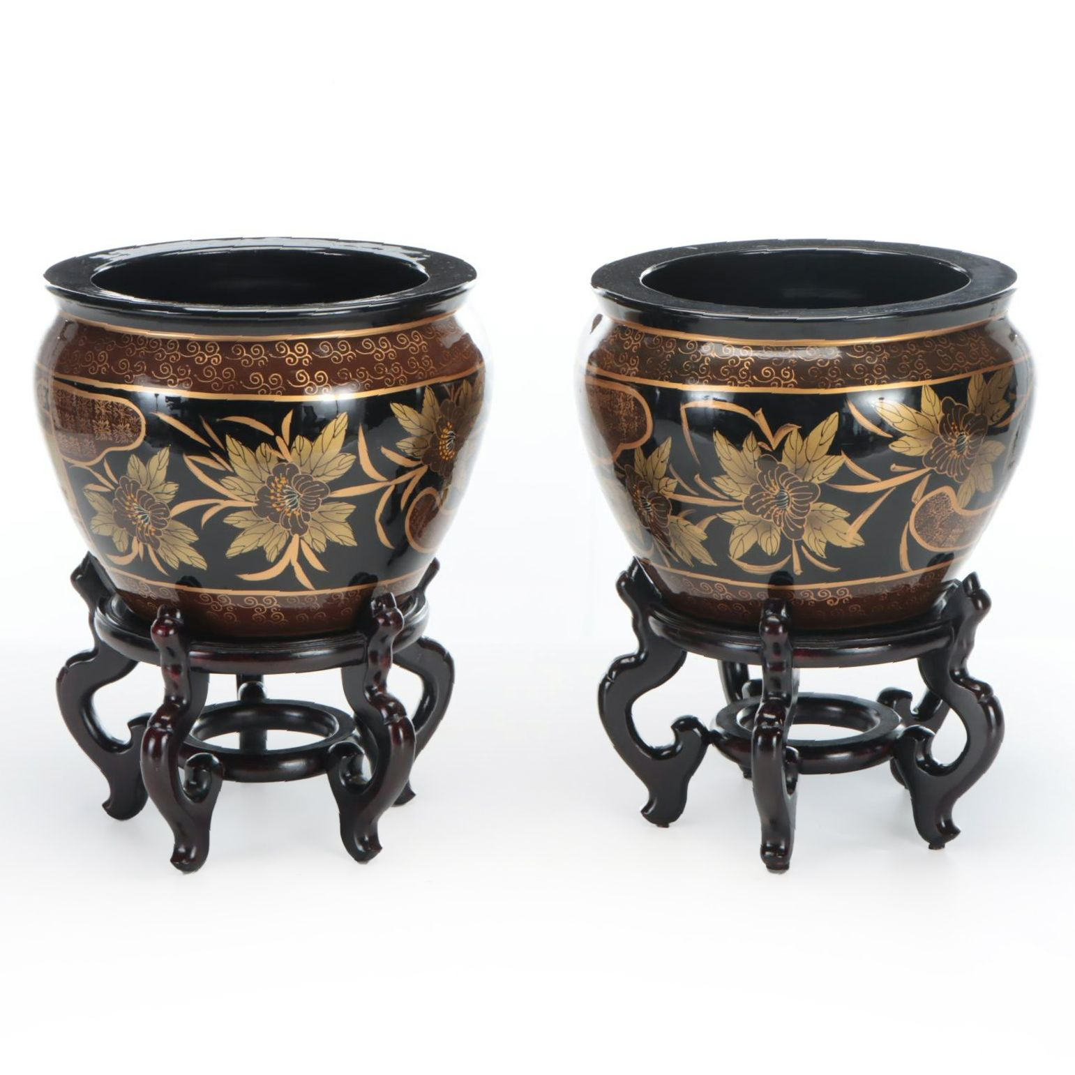 Chinese Gilt Ceramic Cachepot Pair on Lacquered Wood Stands