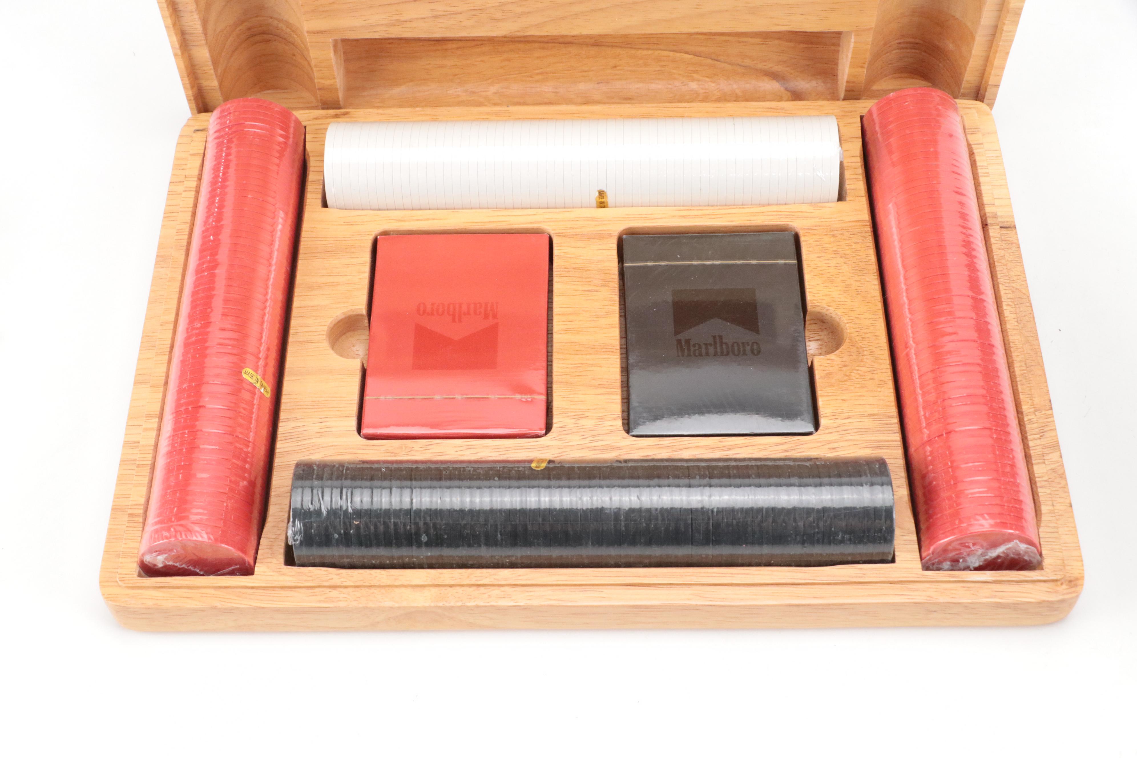 Marlboro Plastic Poker Chips in Oak Case with Other Poker Chip Set