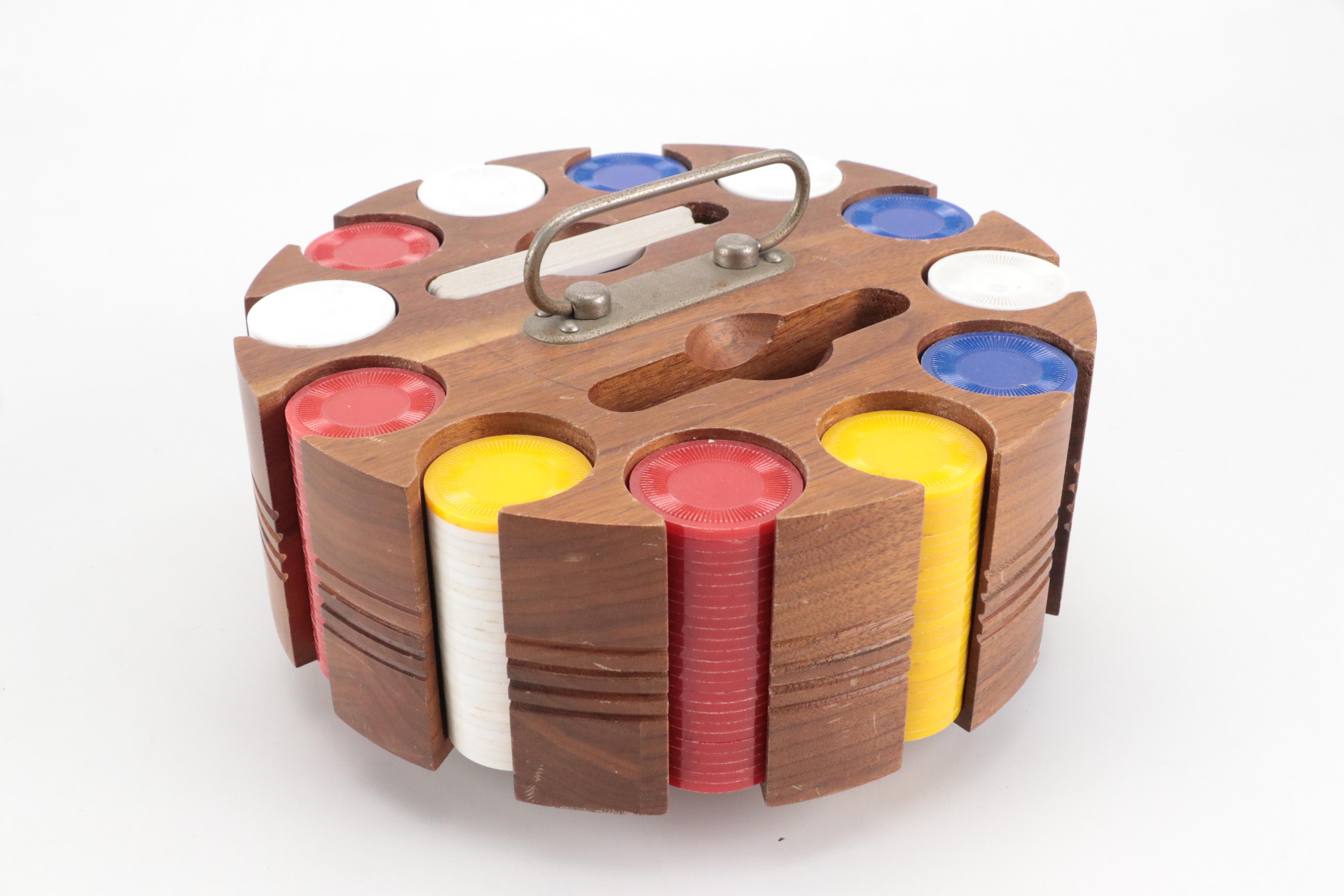 Marlboro Plastic Poker Chips in Oak Case with Other Poker Chip Set