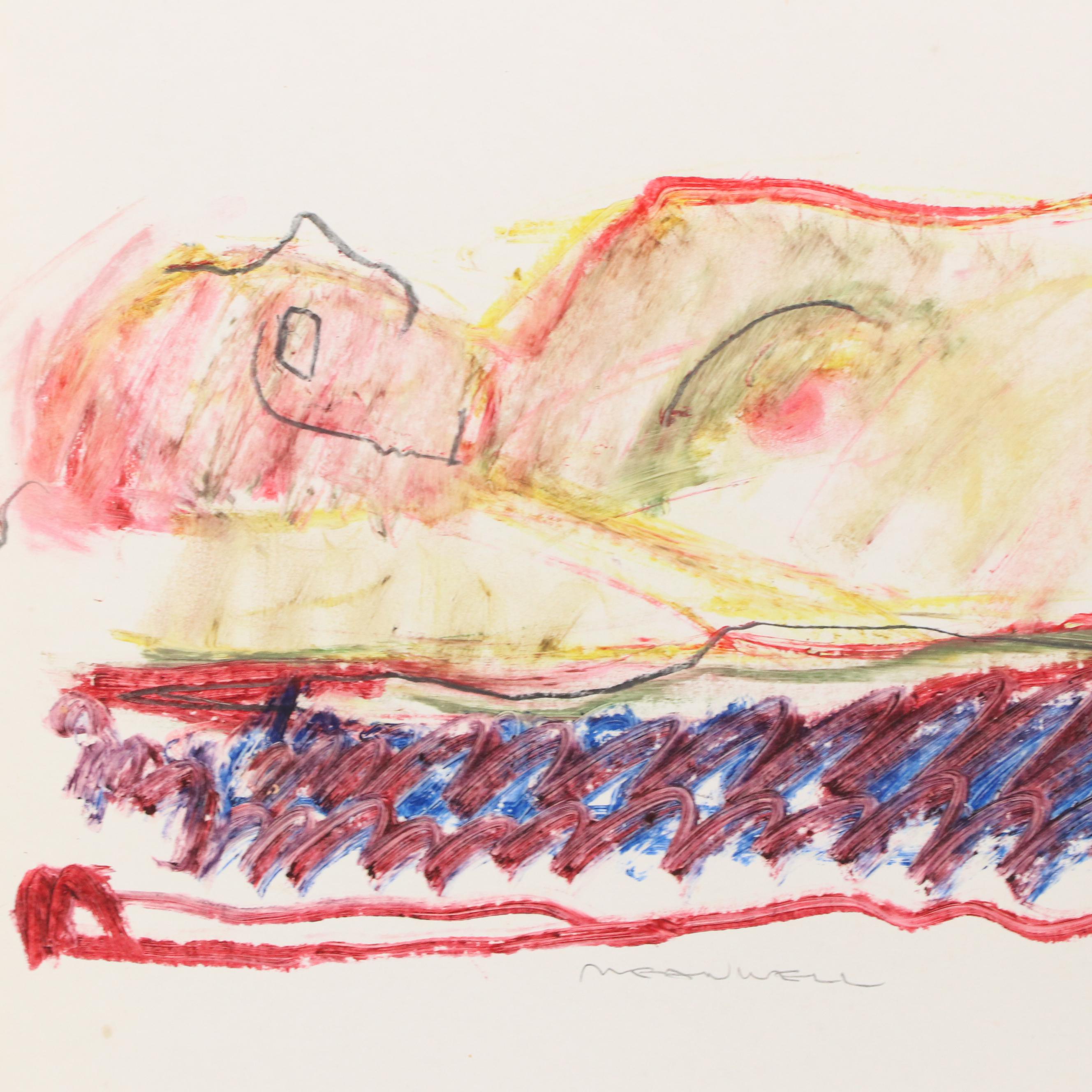 Jack Meanwell Modern Oil Pastel Drawing of Reclining Nude, Late 20th Century