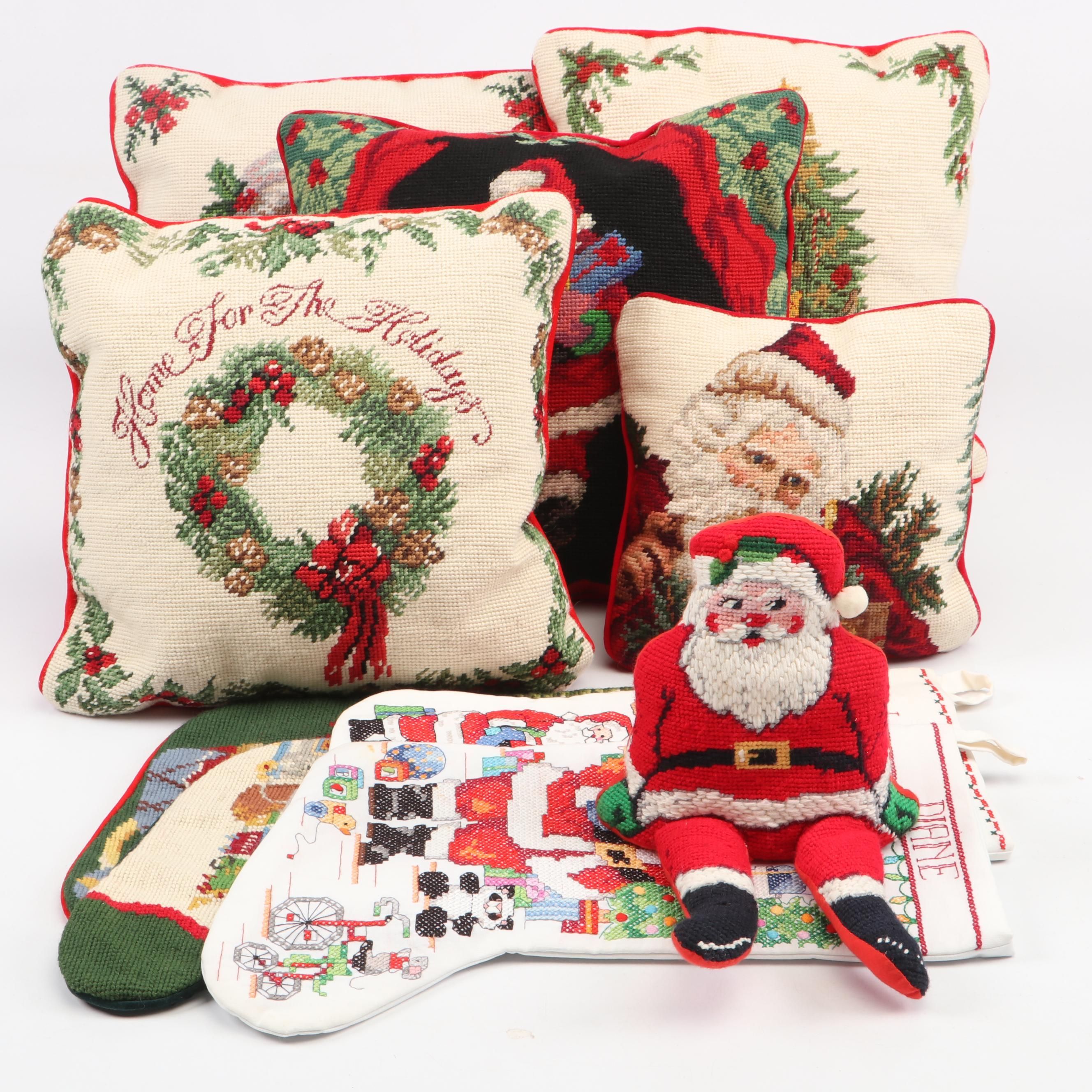 Needlepoint Seasonal Throw Pillows, Stockings, and Stuffed Santa Toy
